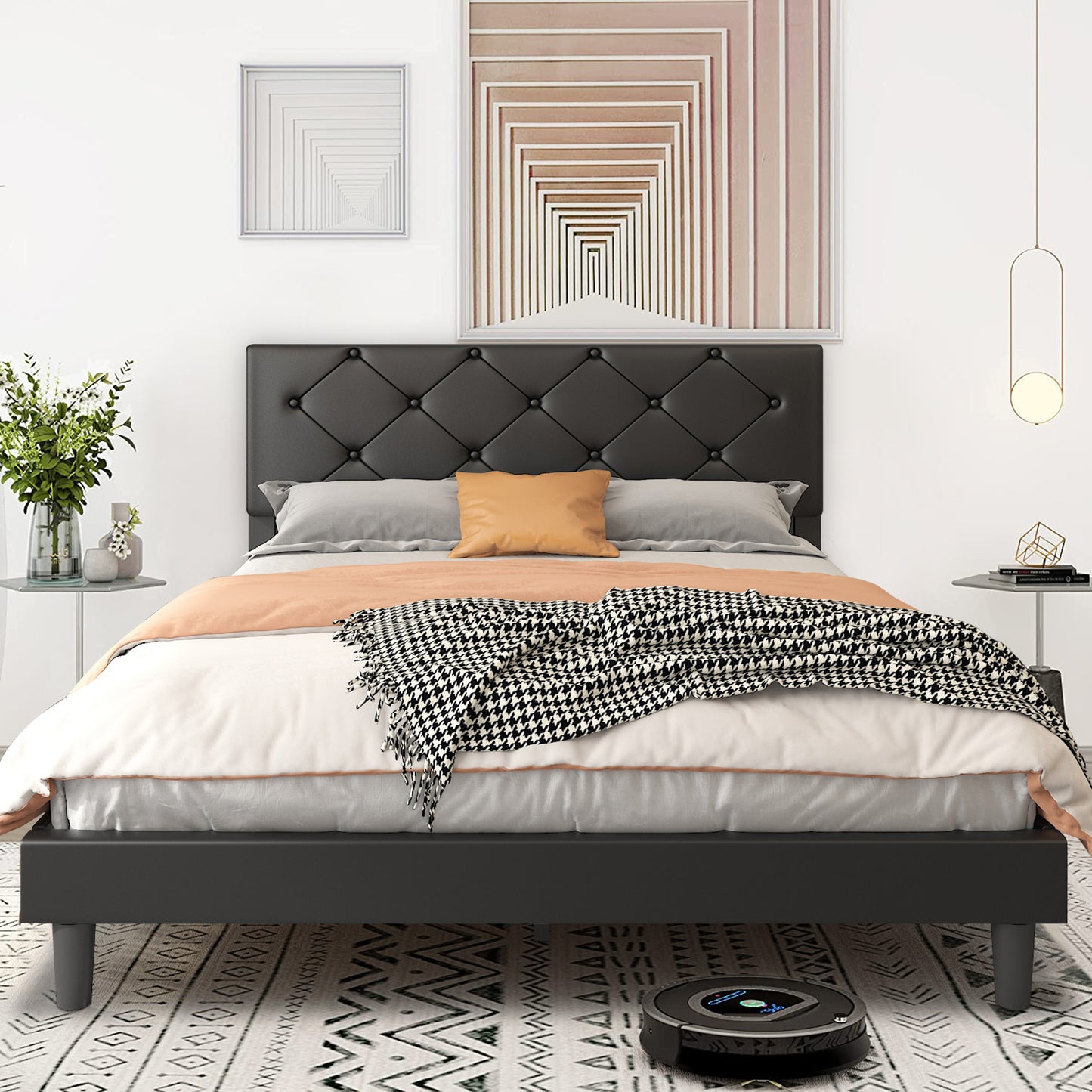 SYNGAR Black Faux Leather Upholstered Platform Bed Frame Queen Size with Height Adjustable Headboard, Metal Mattress Foundation with Strong Wooden Slat Support, No Box Spring Needed