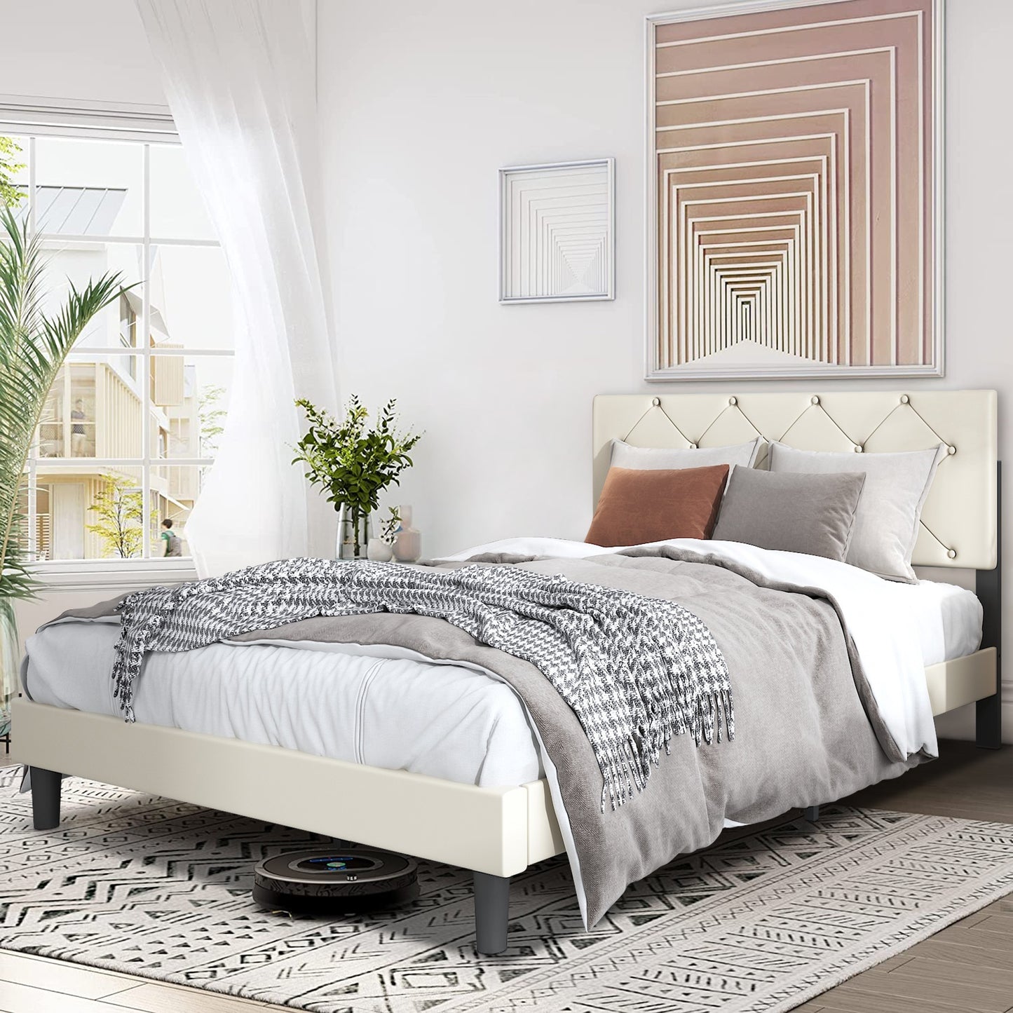 White Fabric Upholstered Platform Bed Frame Queen Size with Height Adjustable Headboard, Mattress Foundation with Strong Wooden Slat Support, No Box Spring Needed