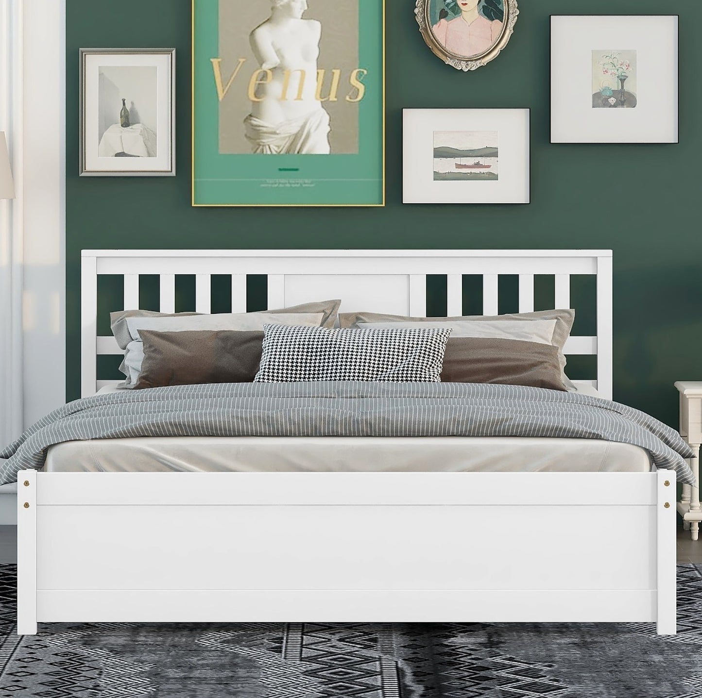 Syngar King Size Platform Bed with Headboard, Solid Wood Frame with Headboard, 500 Lbs. Weight Capacity, White, LJ2093