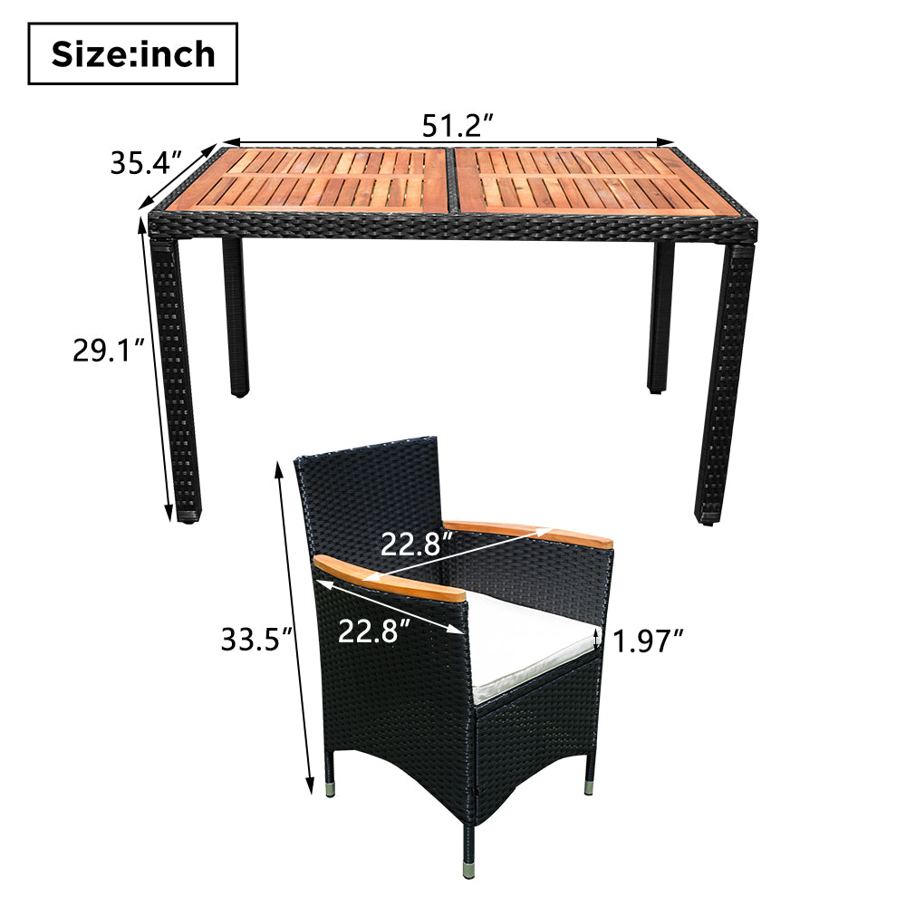 SYNGAR 7 Piece Outdoor Dining Set, All Weather PE Wicker Dining Table Set, Patio Rattan Furniture Set with Rectangular Acacia Wood Table and 6 Cushioned Chairs, for Backyard, Poolside, Balcony, D7335