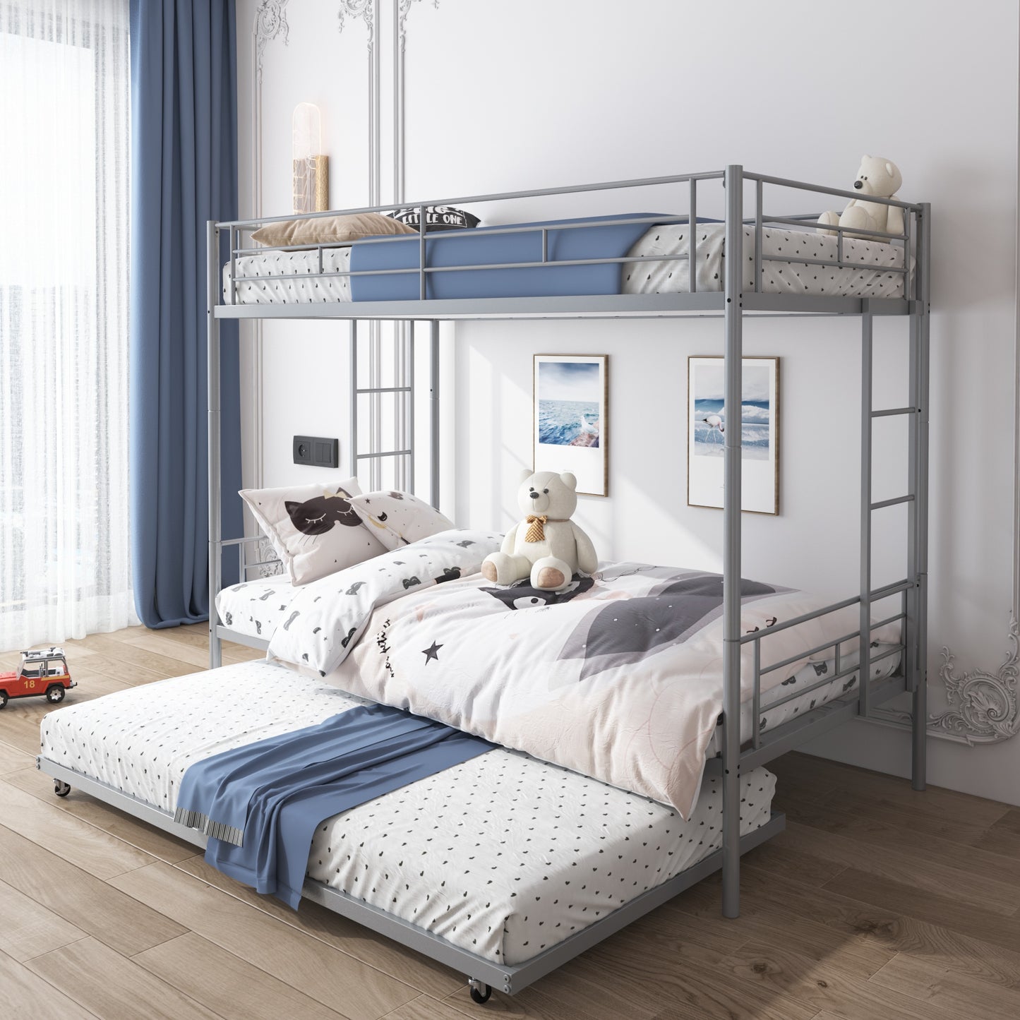 SYNGAR Twin Over Twin Bunk Bed with Trundle, Metal Twin Bed with Safety Guard Rail & Ladders, Space-Saving Design Sleeping Bedroom Bunk Bed for Boys, Girls, Kids, Young Teens & Adults, Easy Assembly