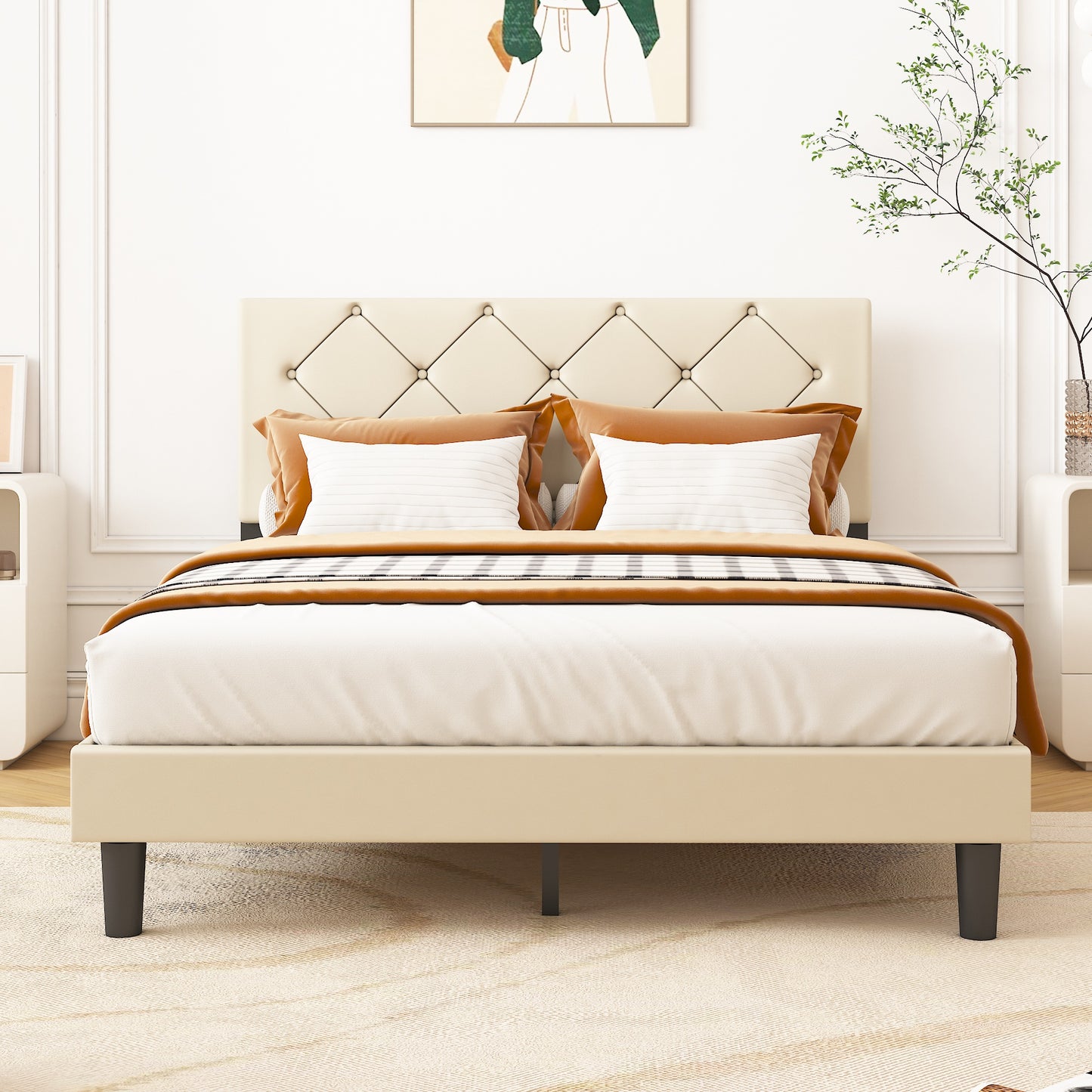 White Fabric Upholstered Platform Bed Frame Queen Size with Height Adjustable Headboard, Mattress Foundation with Strong Wooden Slat Support, No Box Spring Needed