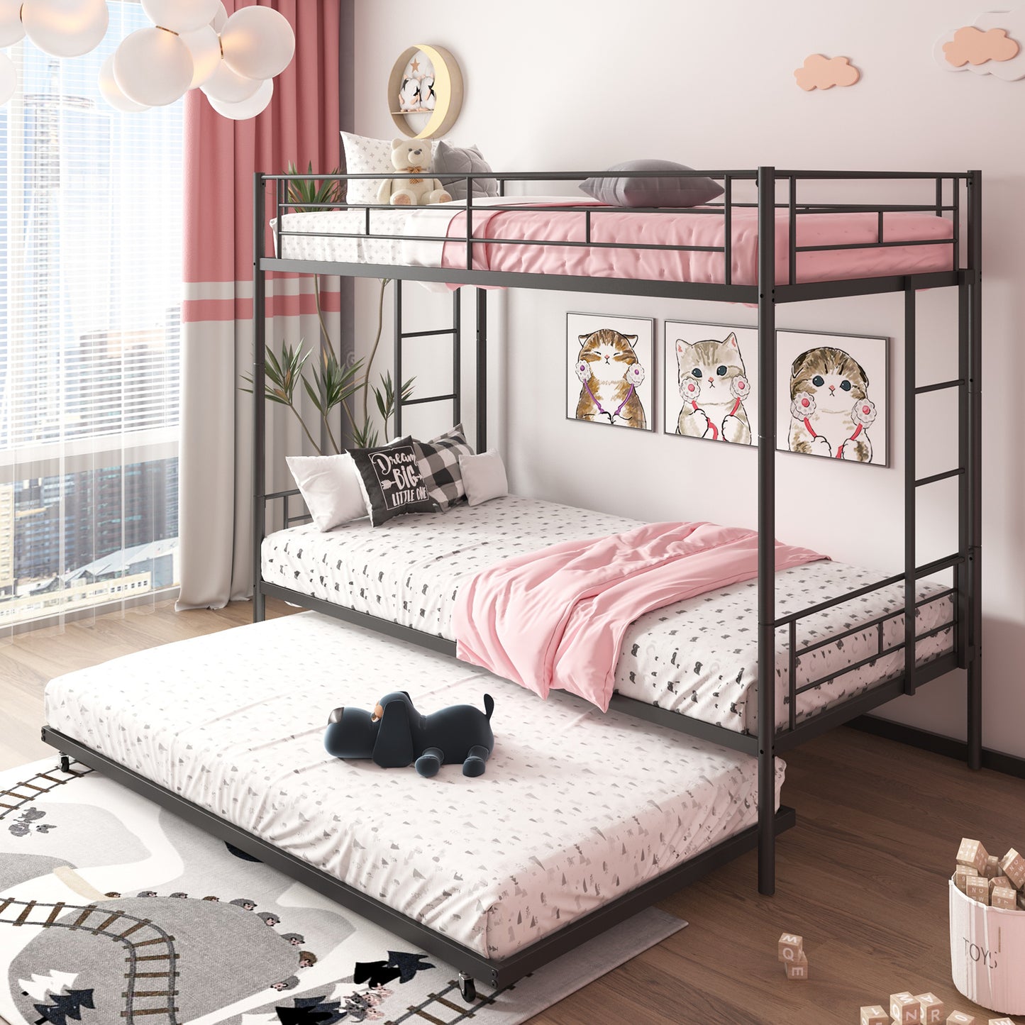 SYNGAR Twin Over Twin Bunk Bed with Trundle, Metal Twin Bed with Safety Guard Rail & Ladders, Space-Saving Design Sleeping Bedroom Bunk Bed for Boys, Girls, Kids, Young Teens & Adults, Easy Assembly