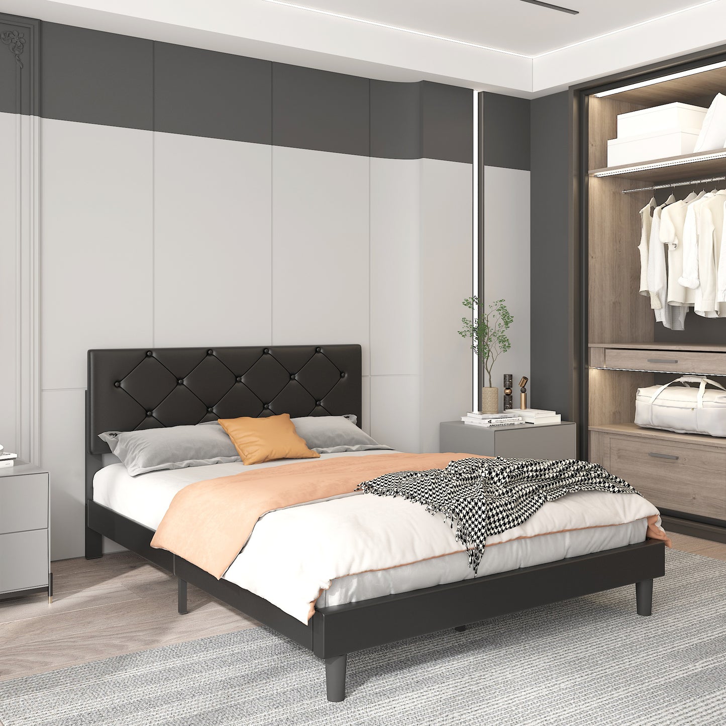 SYNGAR Faux Leather Upholstered Platform Bed Frame with Height Adjustable Headboard, Queen Size Metal Bed with Wood Support for Kids Teens Adults, No Box Spring Needed, 550LBS Load Capacity, Black