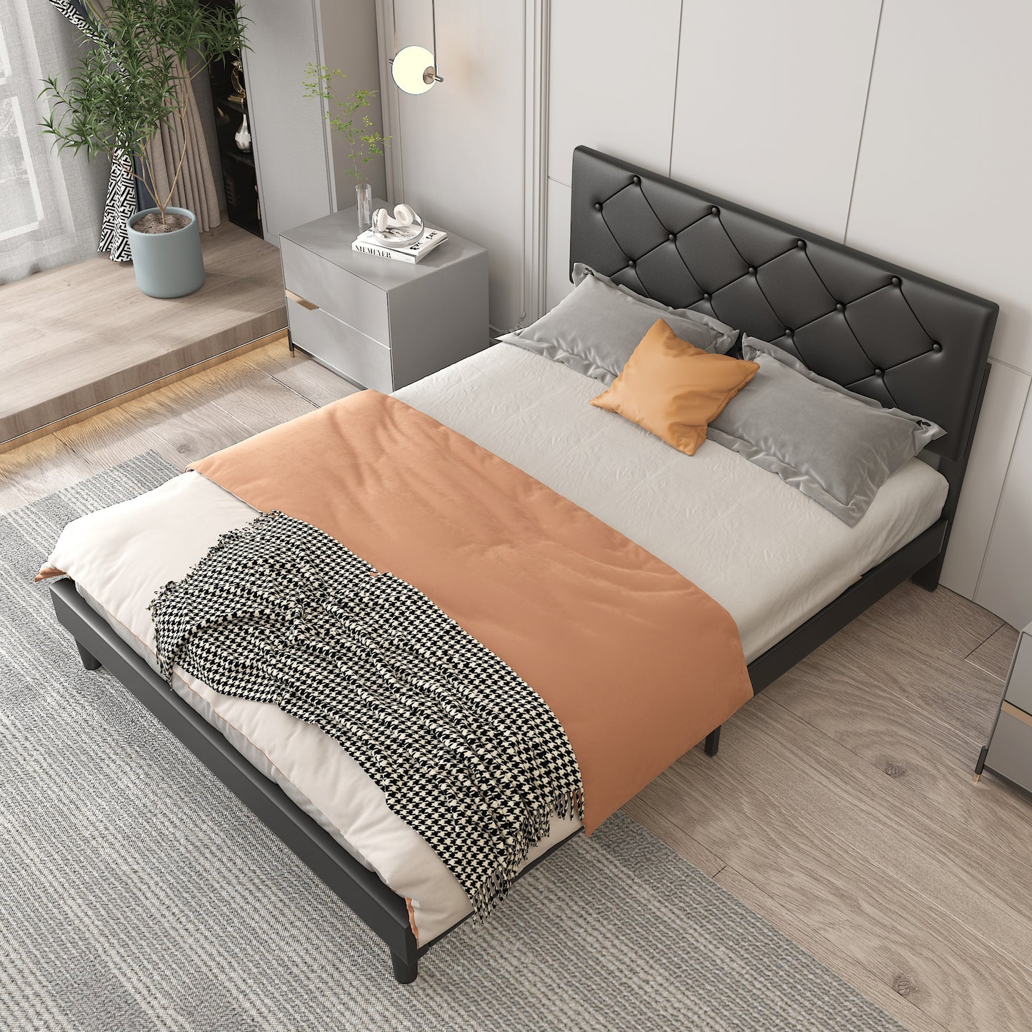 SYNGAR Black Faux Leather Upholstered Platform Bed Frame Queen Size with Height Adjustable Headboard, Metal Mattress Foundation with Strong Wooden Slat Support, No Box Spring Needed