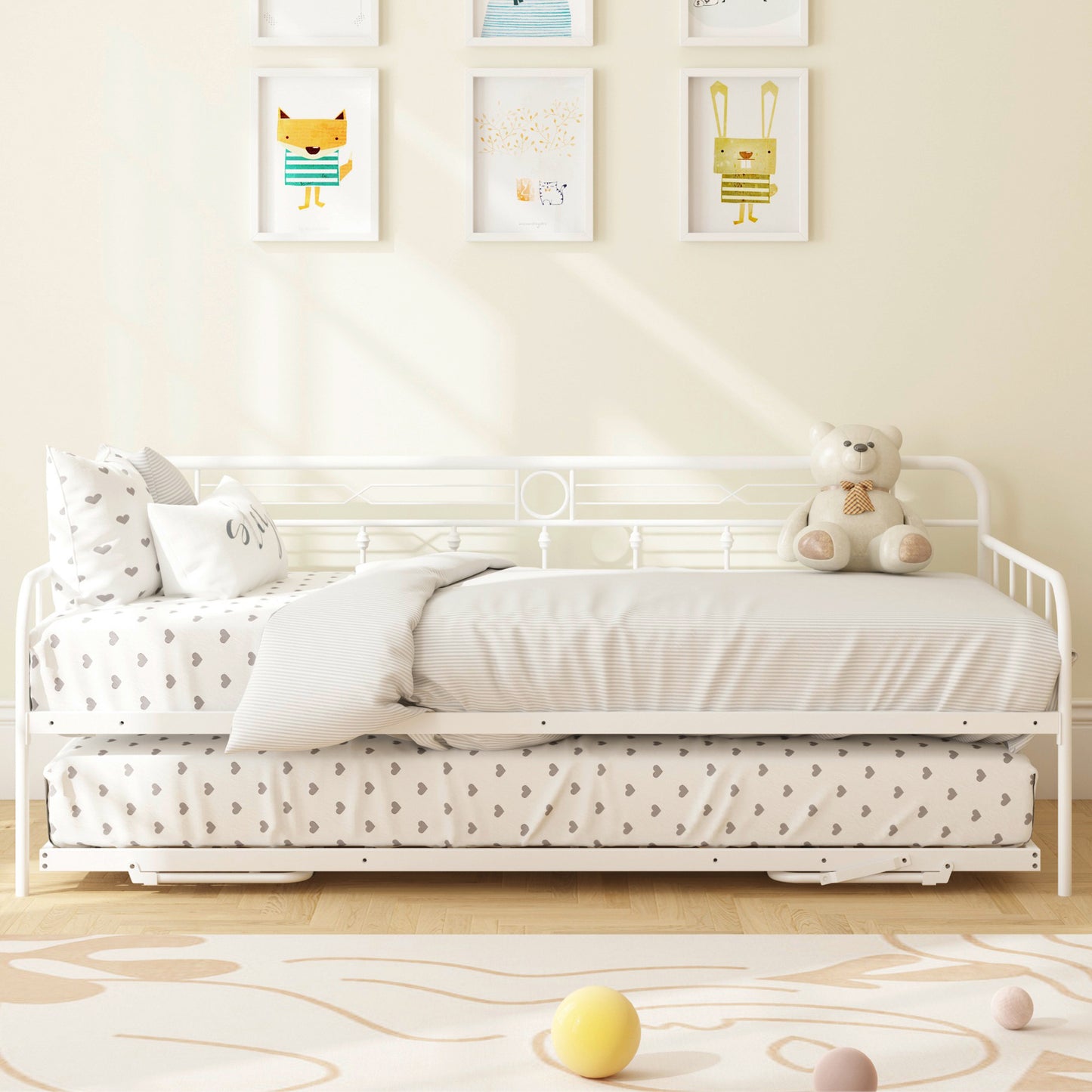 SYNGAR Twin Size Daybed with Pop Up Trundle for Kids Adults, Modern Metal Sofa Bed Platform Bed with Adjustable Trundle Can be Risen as High as Bed, Strong Steel Slat Support, Black