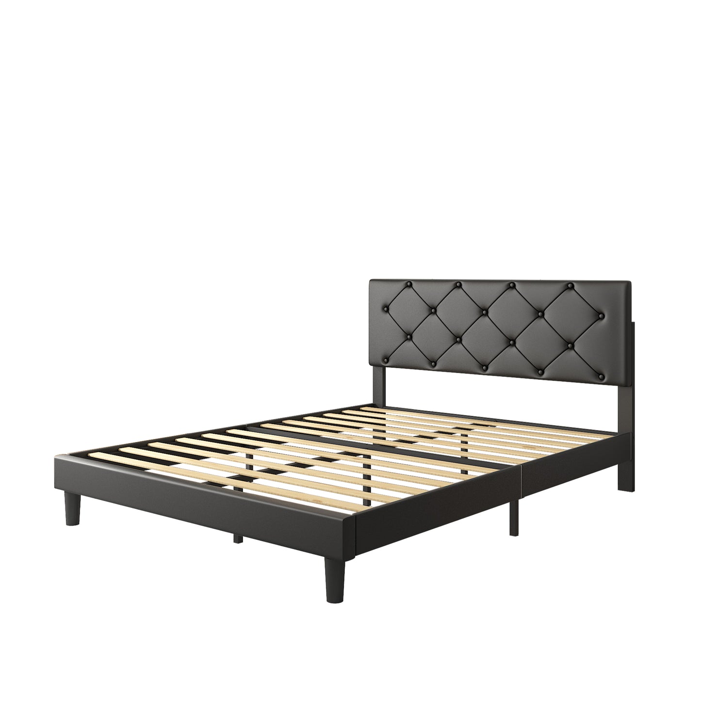 SYNGAR Black Faux Leather Upholstered Platform Bed Frame Queen Size with Height Adjustable Headboard, Metal Mattress Foundation with Strong Wooden Slat Support, No Box Spring Needed