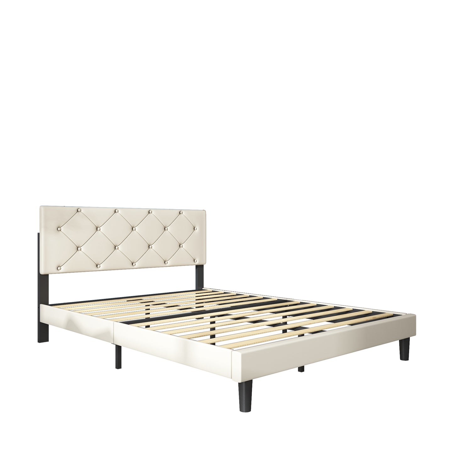 White Fabric Upholstered Platform Bed Frame Queen Size with Height Adjustable Headboard, Mattress Foundation with Strong Wooden Slat Support, No Box Spring Needed
