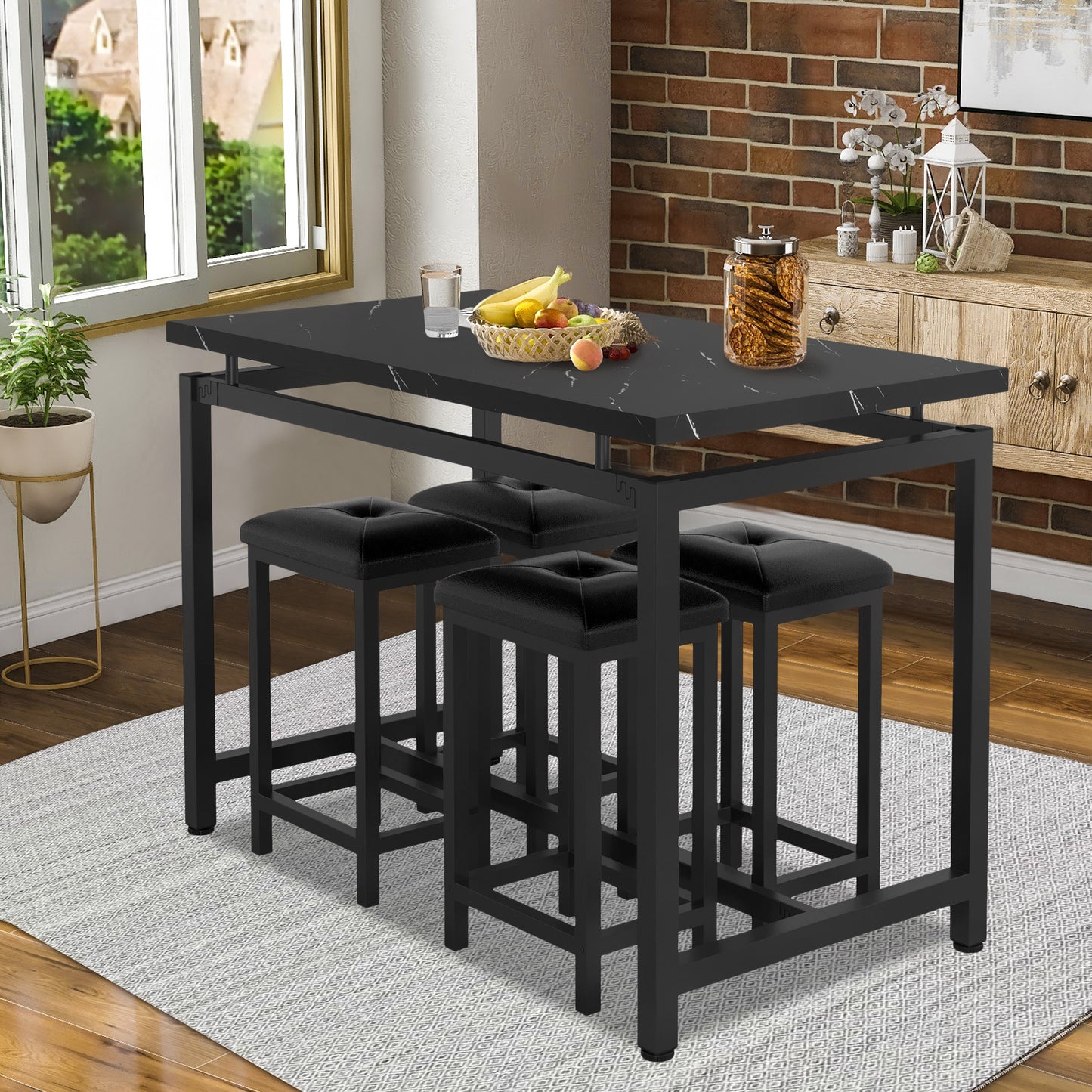 SYNGAR 5 Piece Pub Table Set, Counter Height Faux Marble Bar Table Set with 4 PU Leather Cushioned Stools, Modern Home 4-Person Dining Table Set, Kitchen Breakfast Table and Stools Set, Y010