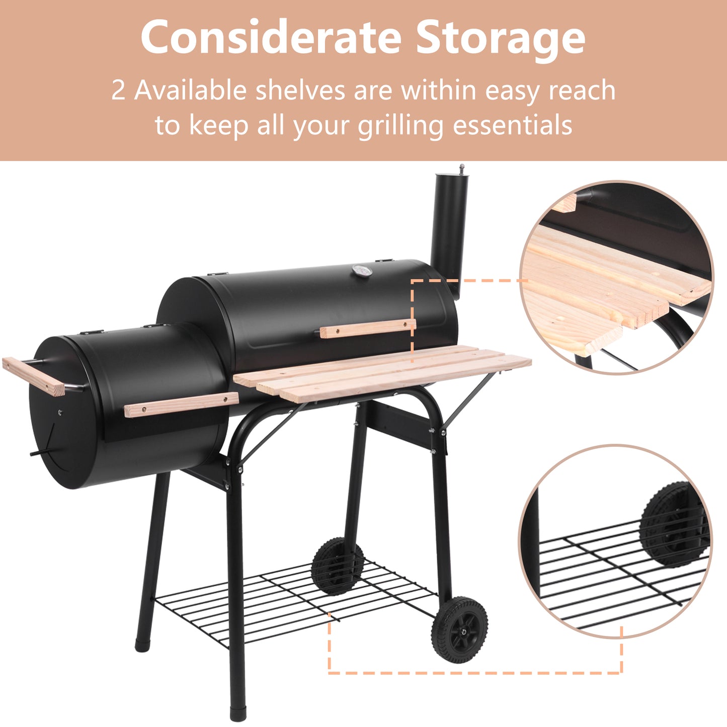 SYNGAR Charcoal BBQ Grill, Stainless Steel High Heat-Resistant Charcoal Grill and Offset Smoker Combo, Outdoor Lightweight Charcoal Grill w/ Thermometer & Cover, for BBQ, Picnic, Camping, Black, D6463