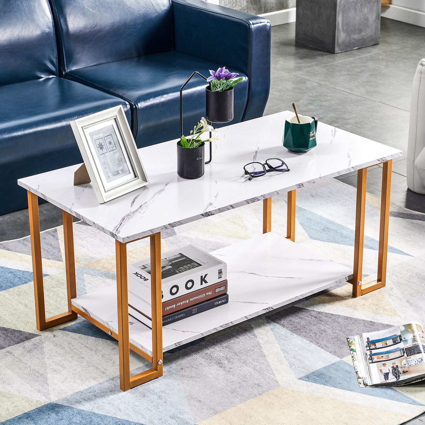 SYNGAR LED Coffee Table with 4 Storage Sliding Drawers and Open Shelves, Modern High Glossy Center Table Rectangular with Multiple Colors LED Lights for Living Room Bedroom, Easy Assembly, White