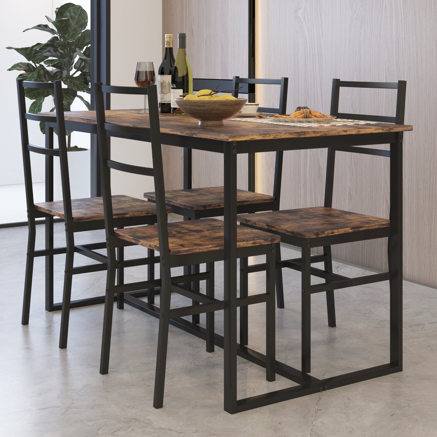 5 Piece Dining Table Set for 4, Dining Room Table Set, Modern Rustic Table Set with 4 Chairs, Wooden Tabletop and Metal Frame, Home Kitchen Breakfast Table and Chairs Set, D6115