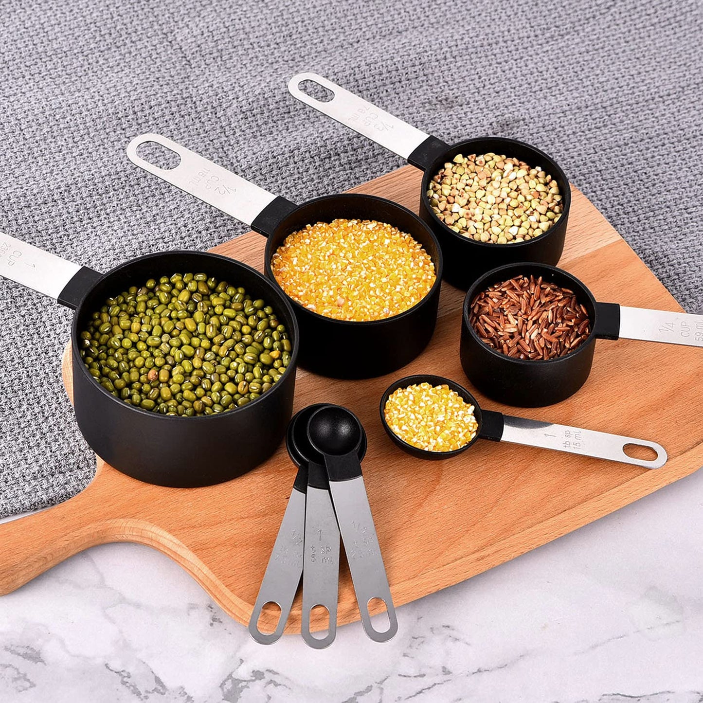 SYNGAR Measuring Cups and Spoons Set, Nesting Measure Cups with Stainless Steel Handle, Home Essentials Measuring 4 Cups and 4 Spoons for Baking, Cooking, Teaspoons Set, Black