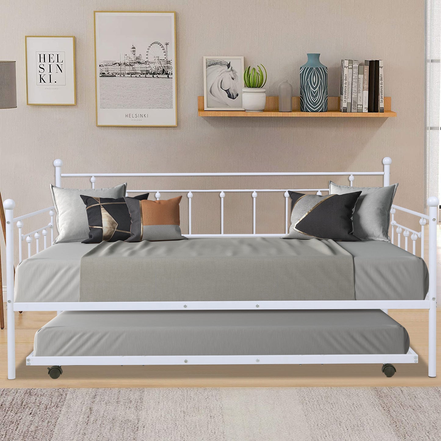 SYNGAR Daybed with Trundle, Twin Size Metal Daybed with Pop Up Trundle, Sofa Bed Day Beds Frame, Bedroom Living Room Furniture for Kids Boys Girls Adults Guest, White