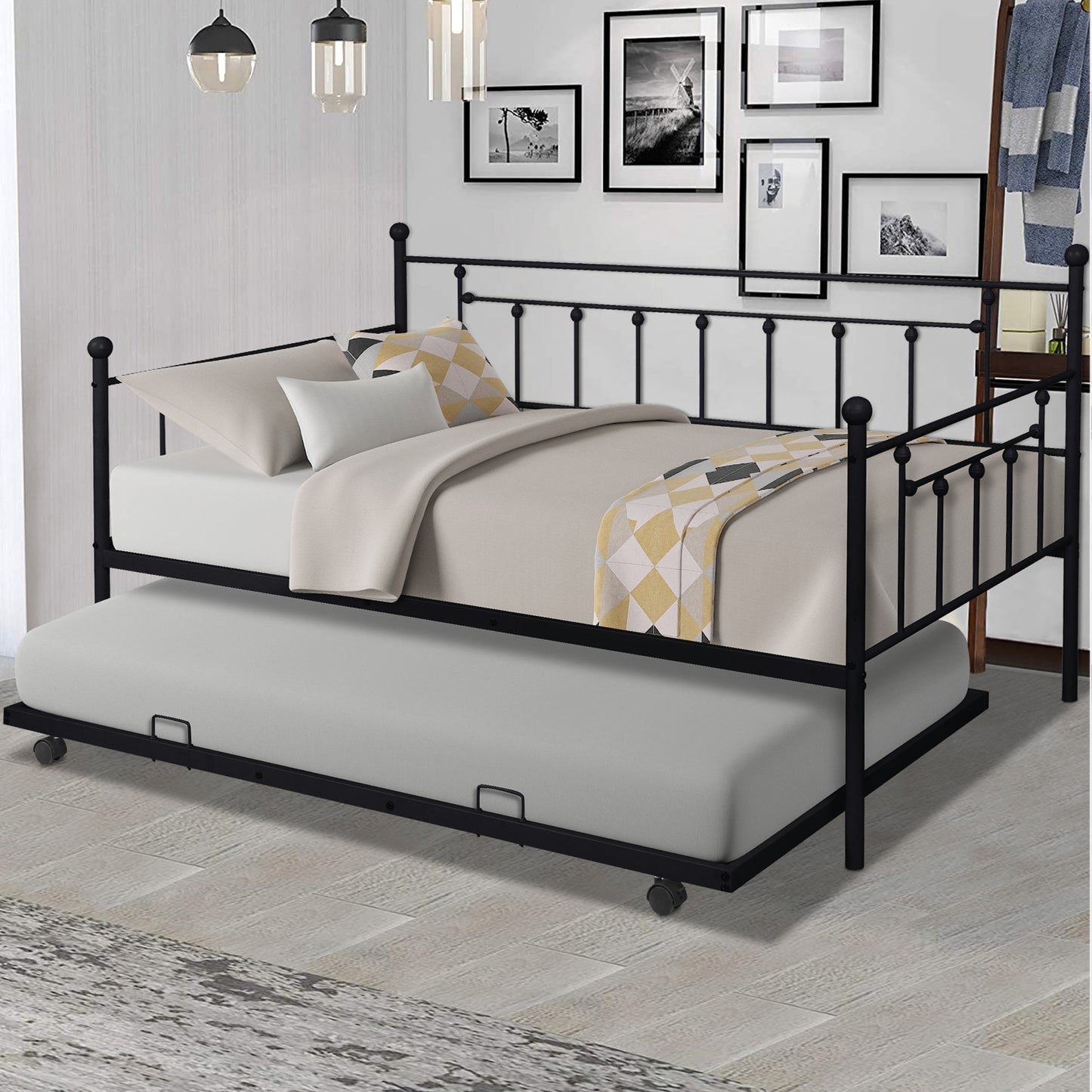 SYNGAR Daybed with Trundle, Twin Size Metal Daybed with Pop Up Trundle, Sofa Bed Day Beds Frame, Bedroom Living Room Furniture for Kids Boys Girls Adults Guest, White