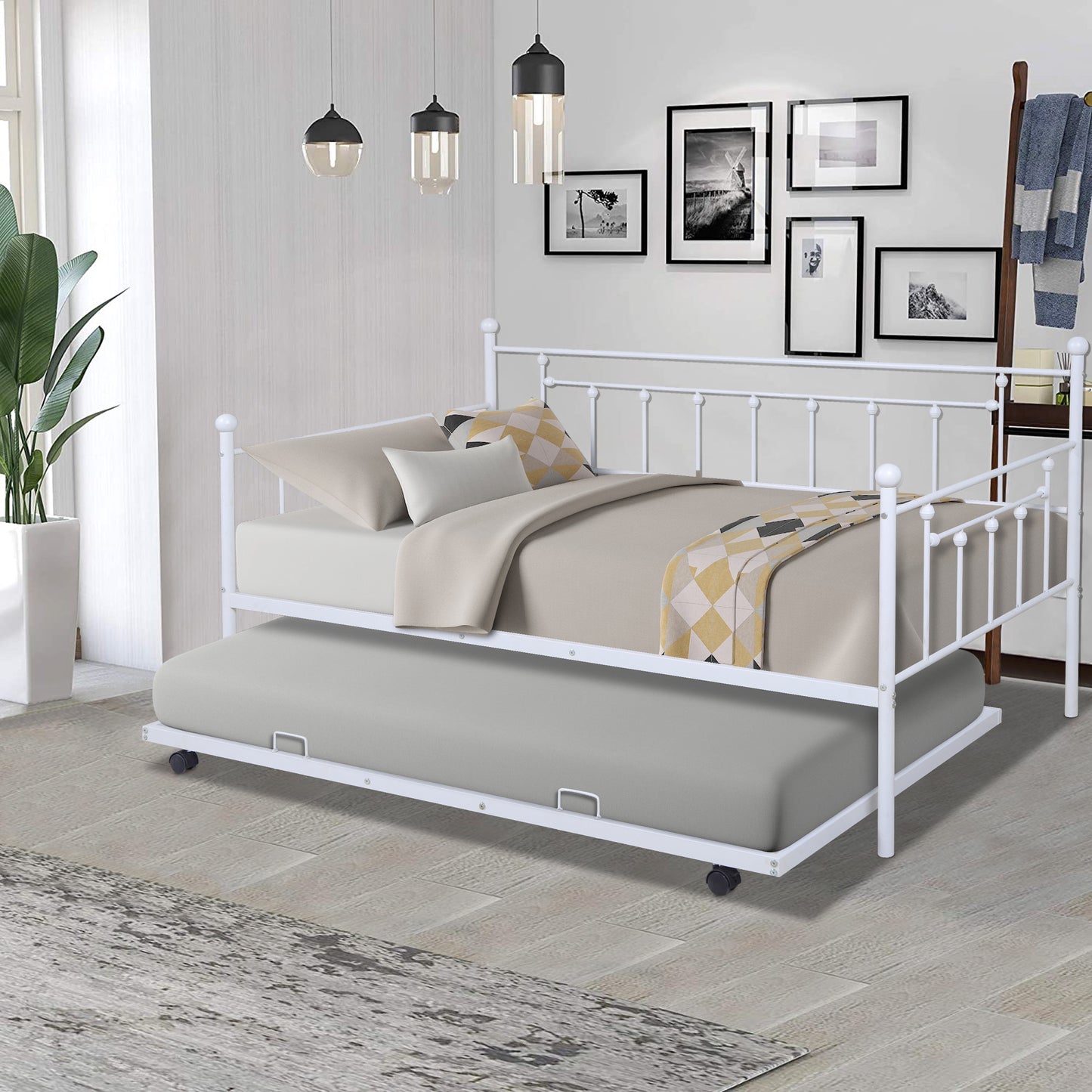 SYNGAR Daybed with Trundle, Twin Size Metal Daybed with Pop Up Trundle, Sofa Bed Day Beds Frame, Bedroom Living Room Furniture for Kids Boys Girls Adults Guest, White