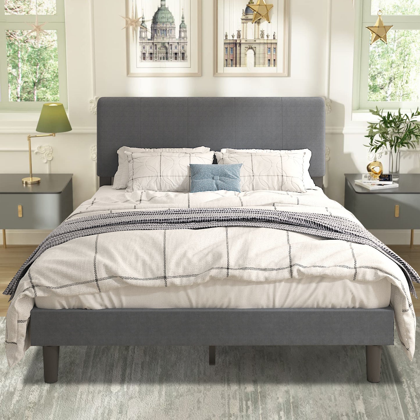 SYNGAR Twin Size Fabric Fully Upholstered Platform Bed Frame with Rivet Wingback Headboard, Sturdy Metal Frame, Strong Wooden Slats, No Box Spring Needed, Easy Assembly, Beige