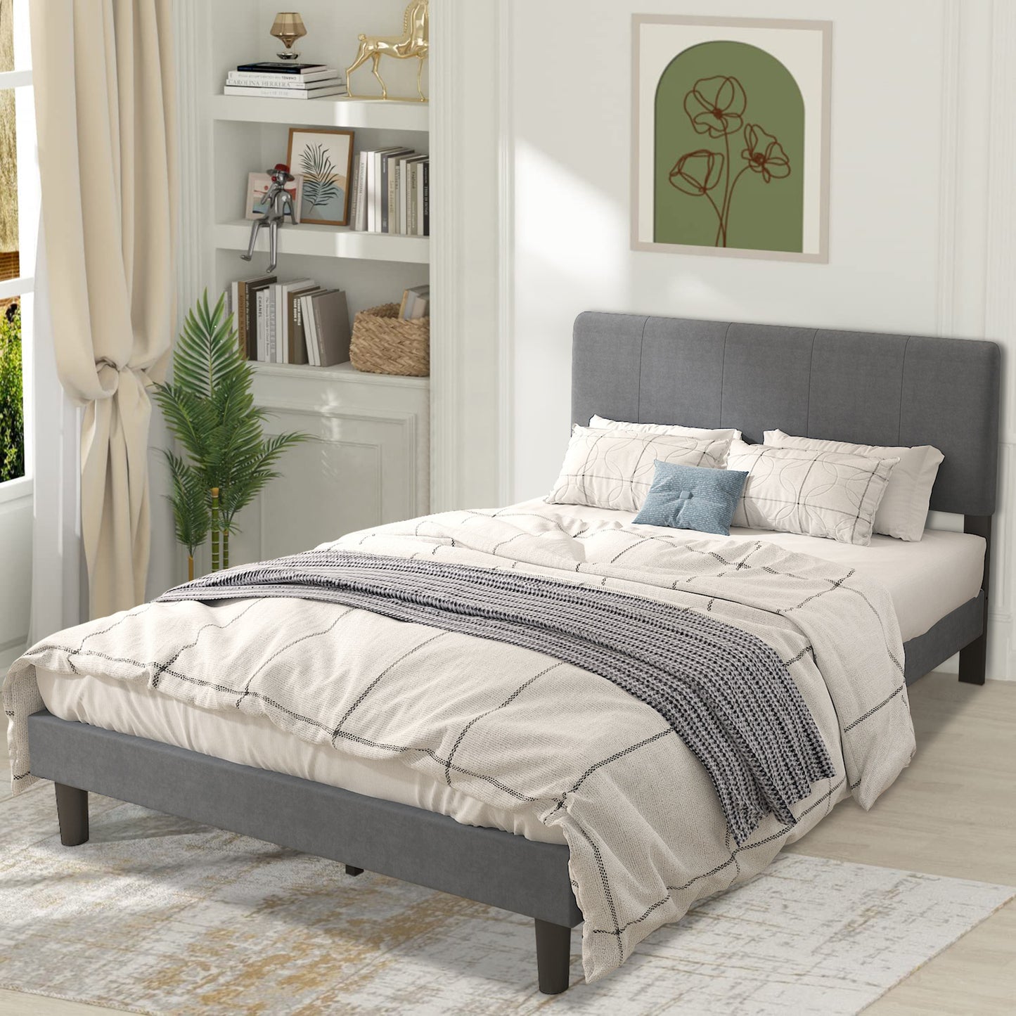 SYNGAR Full Bed Frame, New Upgrade Full Size Velvet Upholstered Platform Bed Frame with Tufted Headboard, Mattress Foundation Solid Wood Frame Platform Bed Frame, No Box Spring Needed, Grey