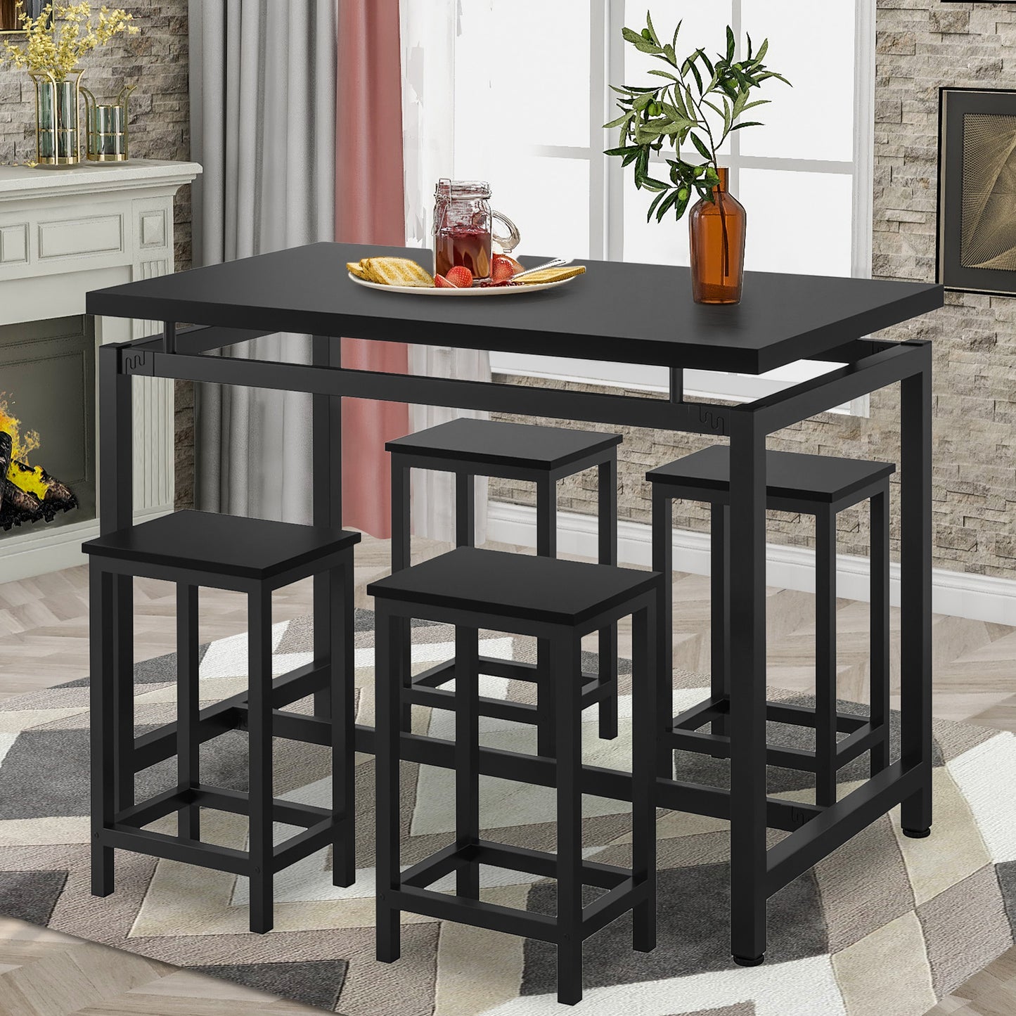 SYNGAR 5 Piece Dining Table Set, Modern Pub Table Set with 4 Stools, Counter Height Bar Table Set, 4-Person Home Dining Table and Stools Set, Kitchen Table Set for Breakfast, Black, D6638
