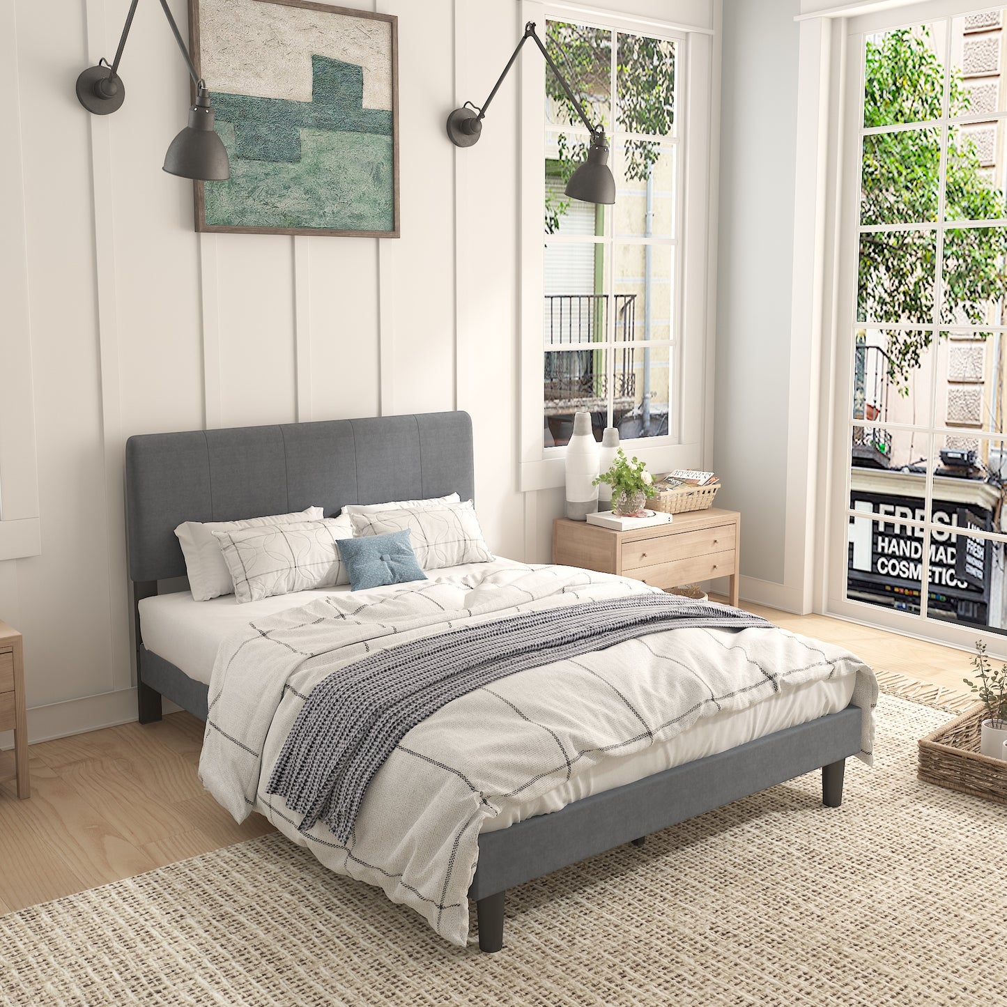 SYNGAR Full Bed Frame, New Upgrade Full Size Velvet Upholstered Platform Bed Frame with Tufted Headboard, Mattress Foundation Solid Wood Frame Platform Bed Frame, No Box Spring Needed, Grey