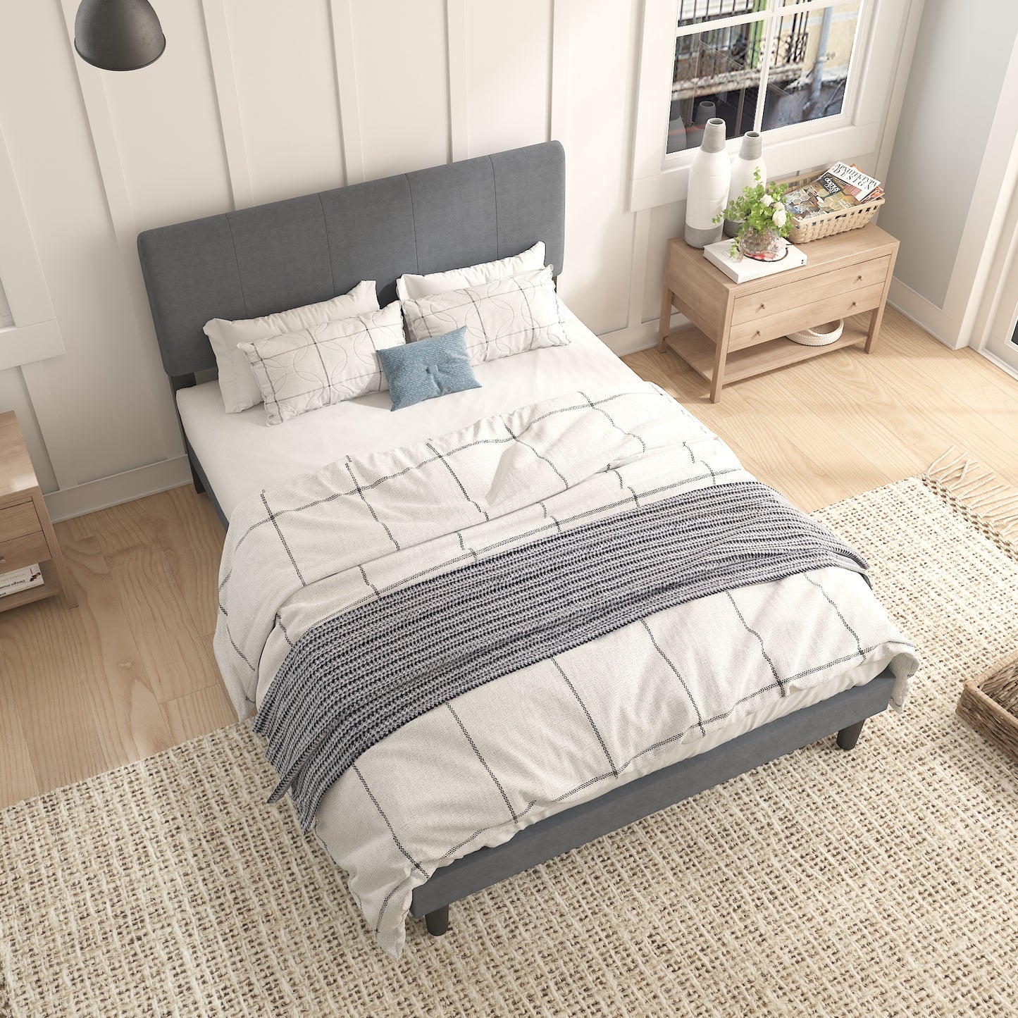 SYNGAR Full Bed Frame, New Upgrade Full Size Velvet Upholstered Platform Bed Frame with Tufted Headboard, Mattress Foundation Solid Wood Frame Platform Bed Frame, No Box Spring Needed, Grey