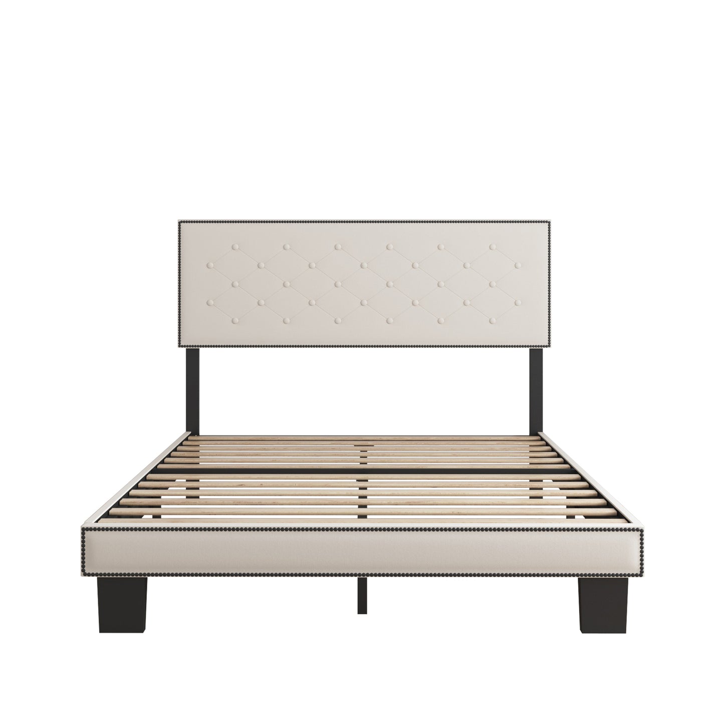 SYNGAR Upholstered Full Platform Bed Frame Height Adjustable, Full Size Storage Bed with Button Tufted Headboard, Metal Mattress Foundation with Strong Slats, No Box Spring Needed, Beige
