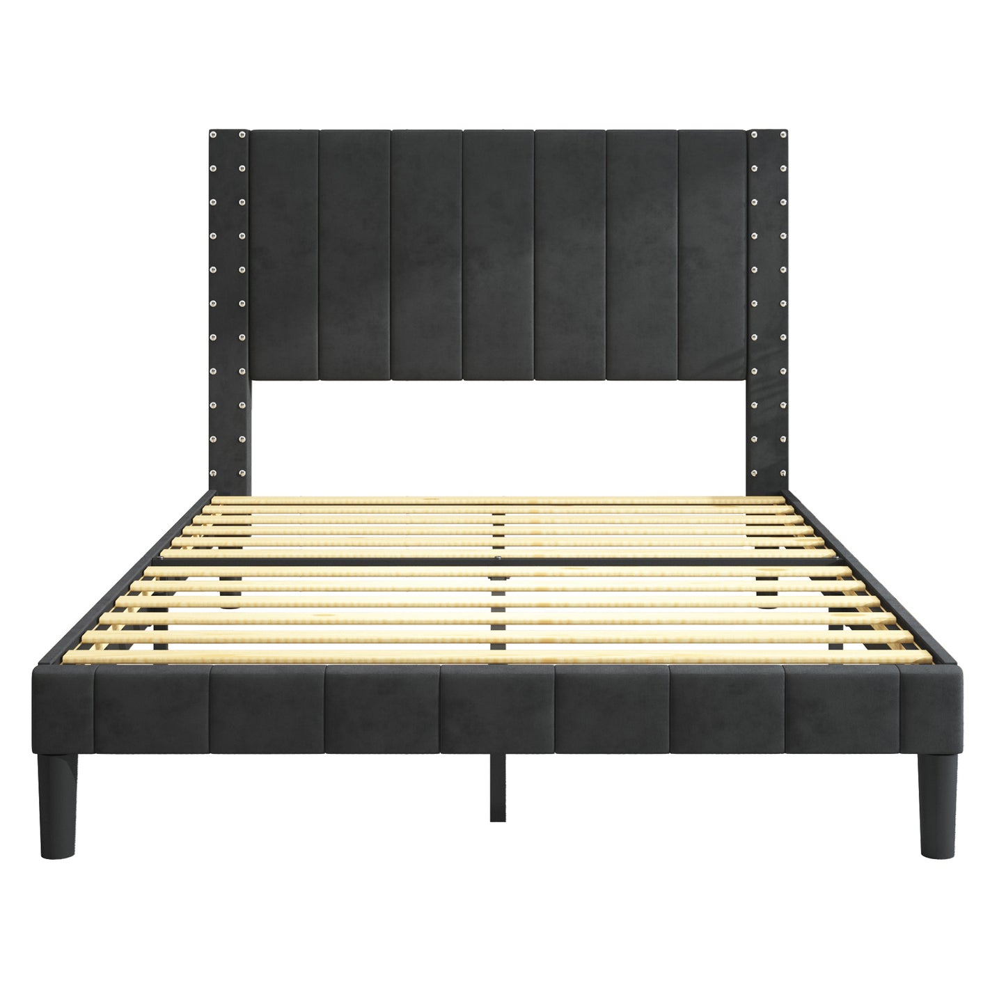 SYNGAR Beige Fabric Upholstered Platform Bed Frame Twin Size with Rivet Wingback Headboard, Metal Frame Mattress Foundation with Strong Wooden Slat Support, No Box Spring Needed, Easy Assembly