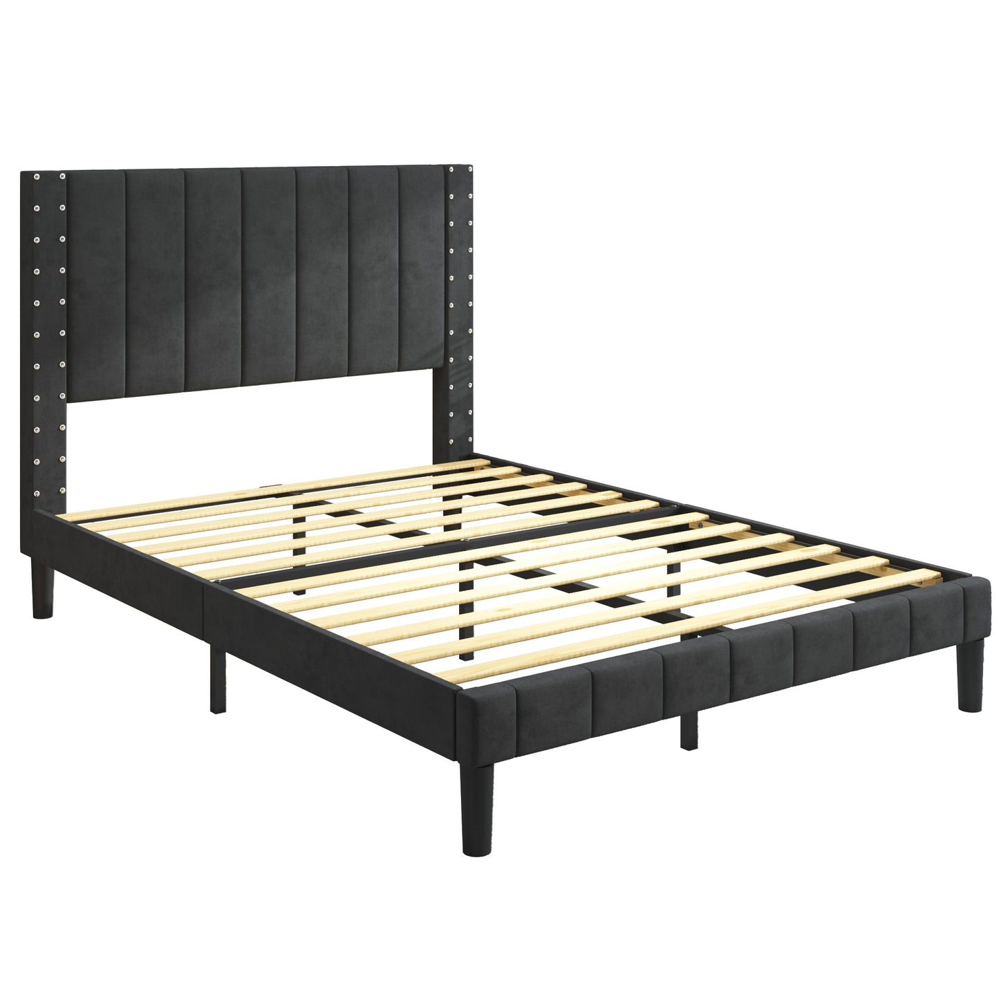 SYNGAR Beige Fabric Upholstered Platform Bed Frame Twin Size with Rivet Wingback Headboard, Metal Frame Mattress Foundation with Strong Wooden Slat Support, No Box Spring Needed, Easy Assembly