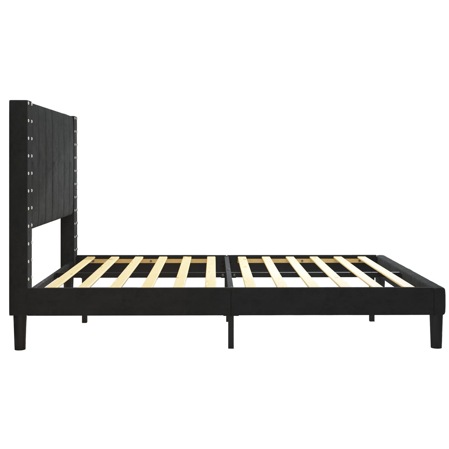 SYNGAR Beige Fabric Upholstered Platform Bed Frame Twin Size with Rivet Wingback Headboard, Metal Frame Mattress Foundation with Strong Wooden Slat Support, No Box Spring Needed, Easy Assembly
