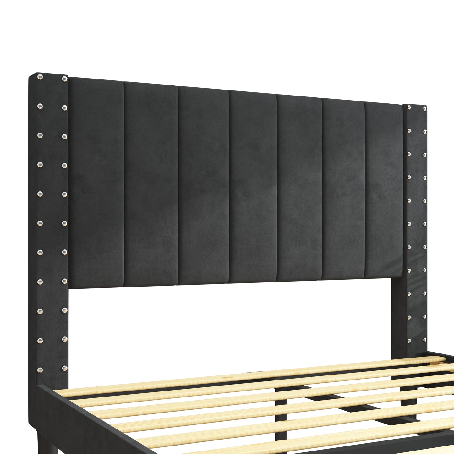SYNGAR Beige Fabric Upholstered Platform Bed Frame Twin Size with Rivet Wingback Headboard, Metal Frame Mattress Foundation with Strong Wooden Slat Support, No Box Spring Needed, Easy Assembly