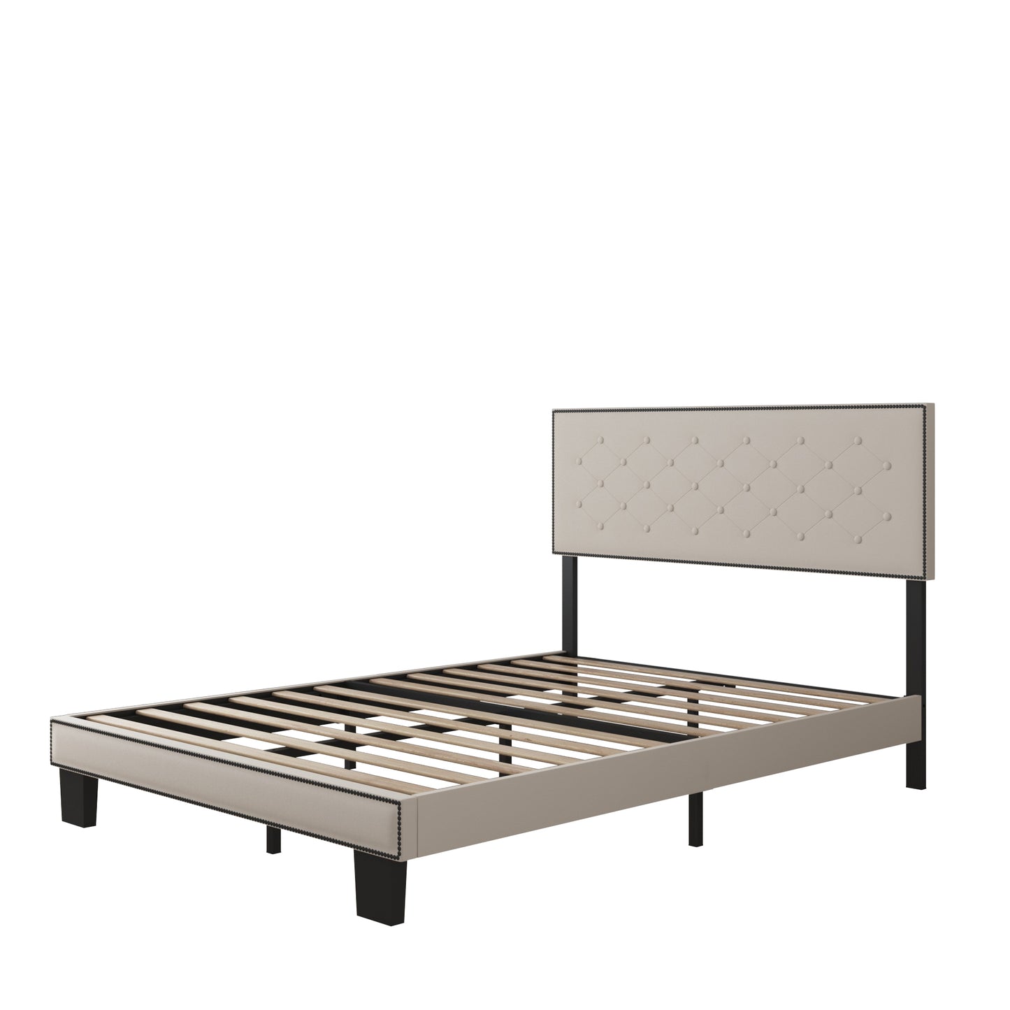 SYNGAR Upholstered Fabric Platform Bed Frame Full Size with Button Tufted and Height Adjustable Headboard, Metal Frame Mattress Foundation with Strong Wooden Slat Support