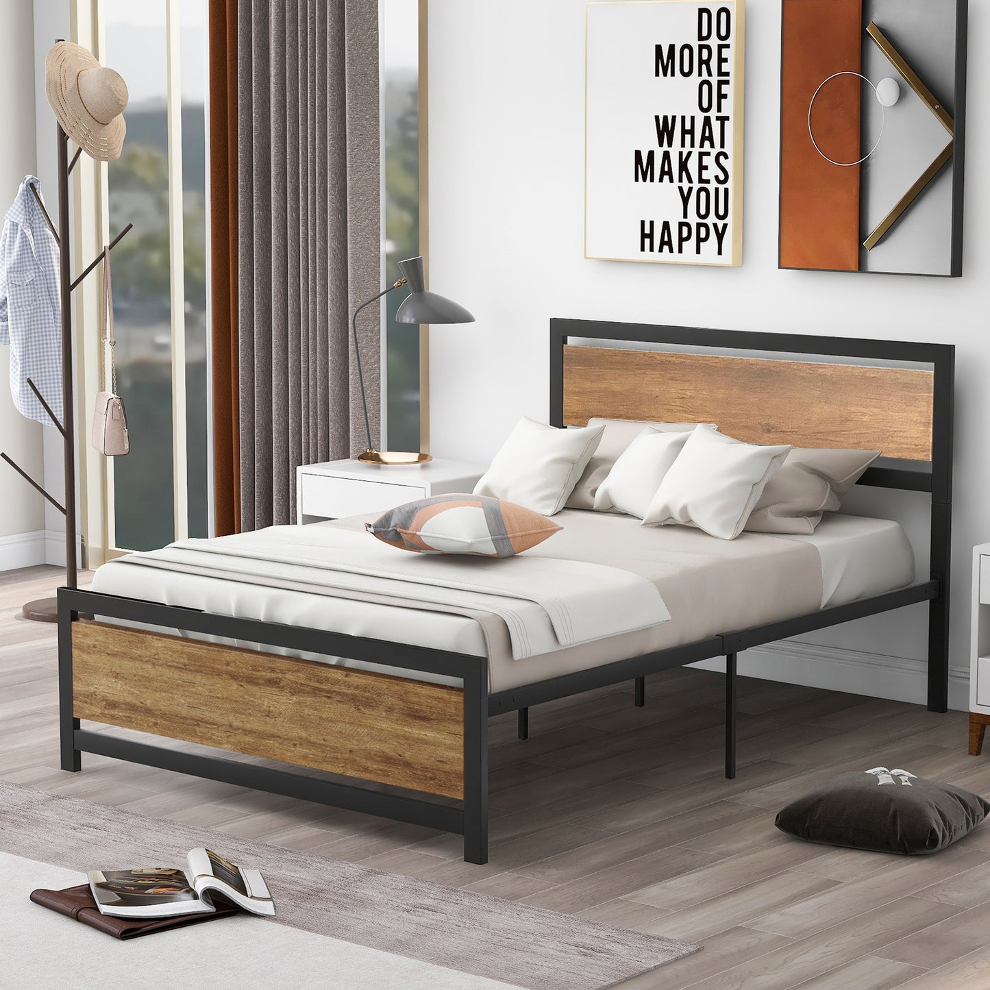 SYNGAR Black Metal Platform Bed Frame Full Size with Wooden Headboard, Steel Legs, Underbed Storage, Strong Slat Support, No Box Spring Needed, Rustic Full Bed Frame for Kids Teens Adults