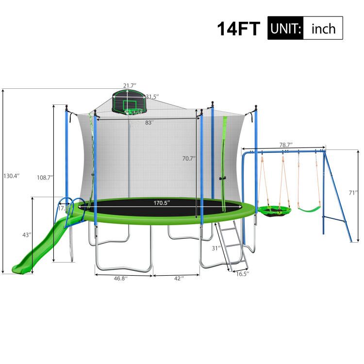 Trampoline and Swing Set, 12FT Trampoline with Slide, Basketball Hoop and Enclosure Net, Outdoor Jumping Fitness Trampoline for Yard, Patio, School, Recreational Trampoline for Kids/Adults, D7691