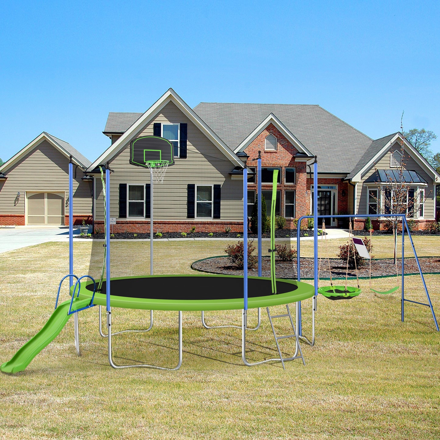 Trampoline and Swing Set, 12FT Trampoline with Slide, Basketball Hoop and Enclosure Net, Outdoor Jumping Fitness Trampoline for Yard, Patio, School, Recreational Trampoline for Kids/Adults, D7691