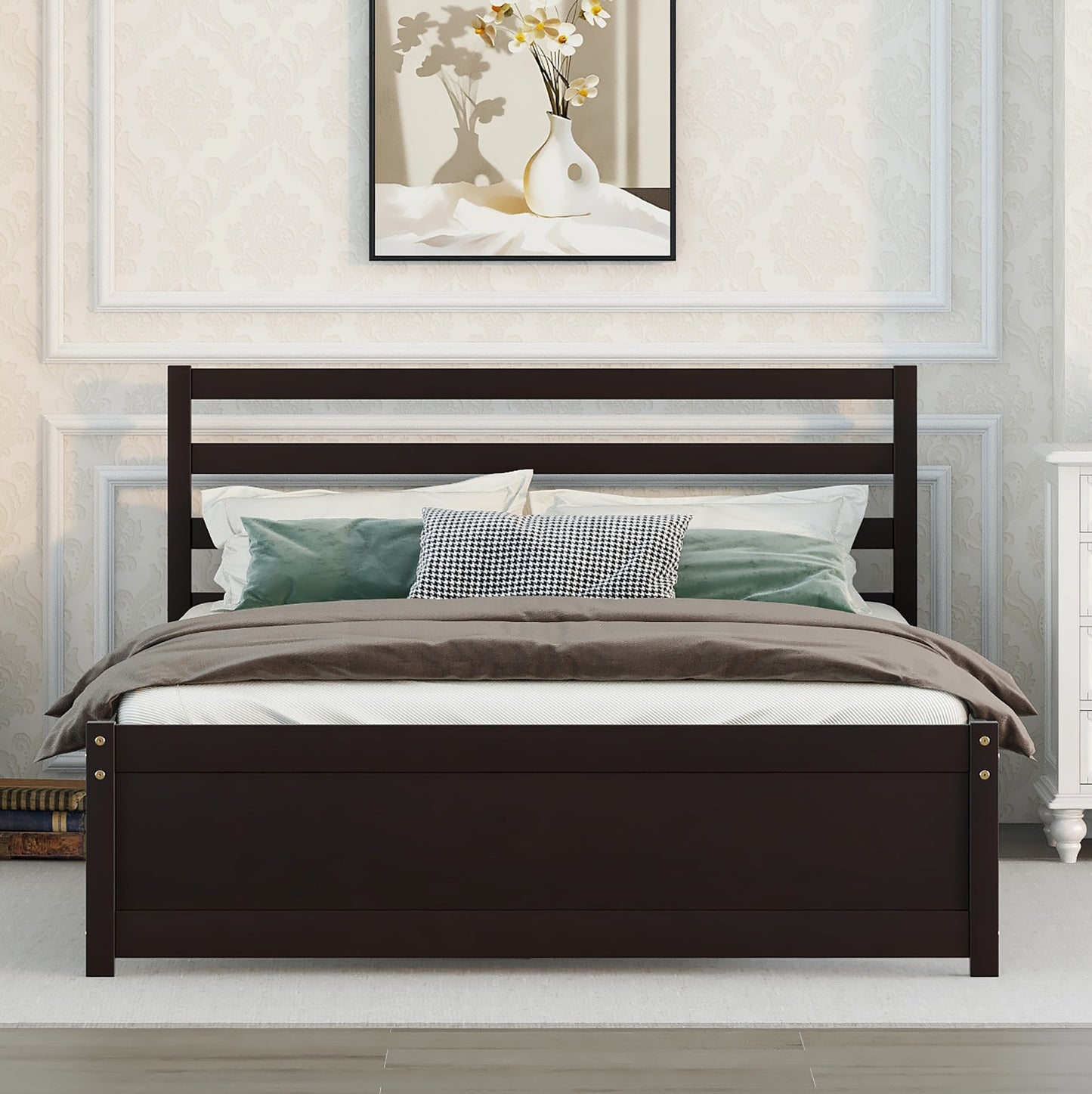 Syngar King Size Platform Bed with Headboard, Solid Wood Frame with Headboard, 500 Lbs. Weight Capacity, White, LJ2093