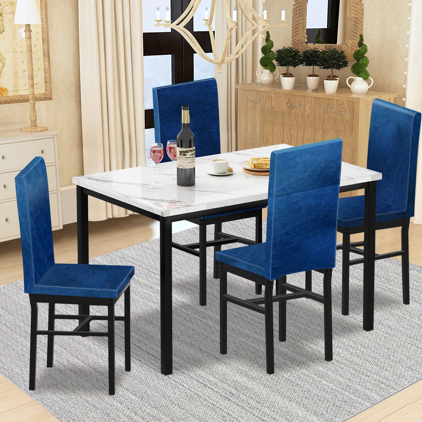 5 Piece Dining Set, Modern Dining Table and Chairs Set for 4, Kitchen Dining Table Set with Faux Marble Tabletop and 4 Velvet Fabric Upholstered Chairs, for Small Space, Breakfast Nook, D8925