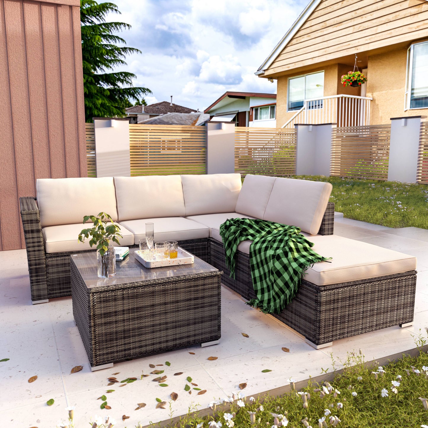 Syngar Patio Furniture Sectional Set, 3-Piece PE Wicker Cushioned Sofa Set, Outdoor Conversation Chair Set with Two-Seater Sofa, Lounge Sofa & Coffee Table, for Backyard, Poolside, Garden, Deck, D6030