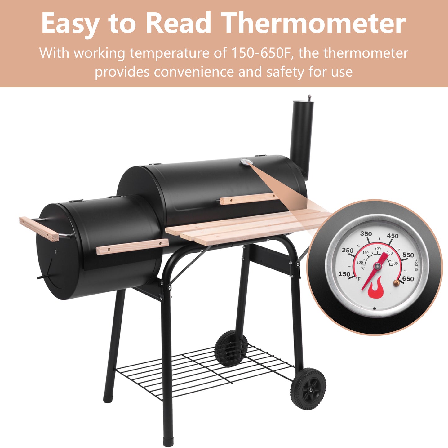 SYNGAR Charcoal BBQ Grill, Stainless Steel High Heat-Resistant Charcoal Grill and Offset Smoker Combo, Outdoor Lightweight Charcoal Grill w/ Thermometer & Cover, for BBQ, Picnic, Camping, Black, D6463