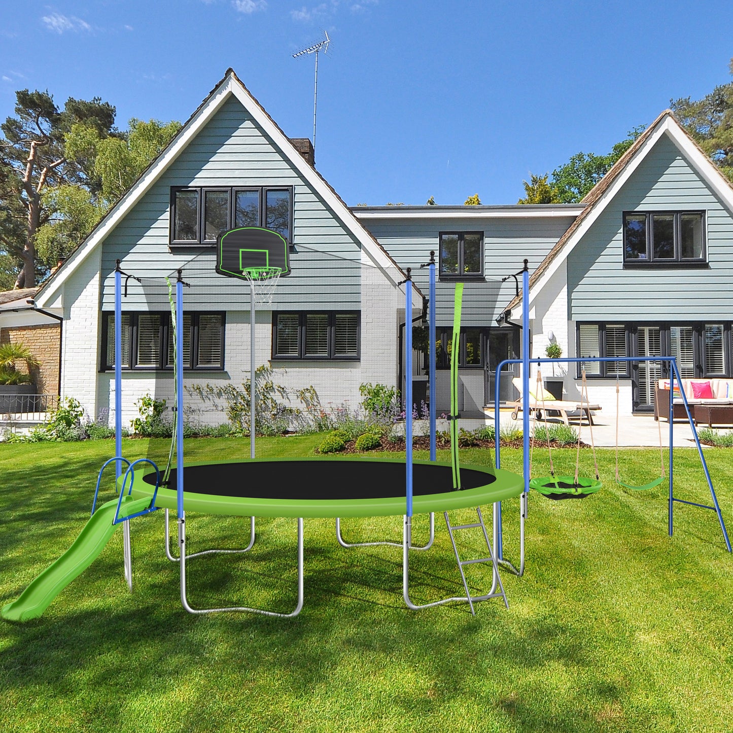 Trampoline and Swing Set, 12FT Trampoline with Slide, Basketball Hoop and Enclosure Net, Outdoor Jumping Fitness Trampoline for Yard, Patio, School, Recreational Trampoline for Kids/Adults, D7691