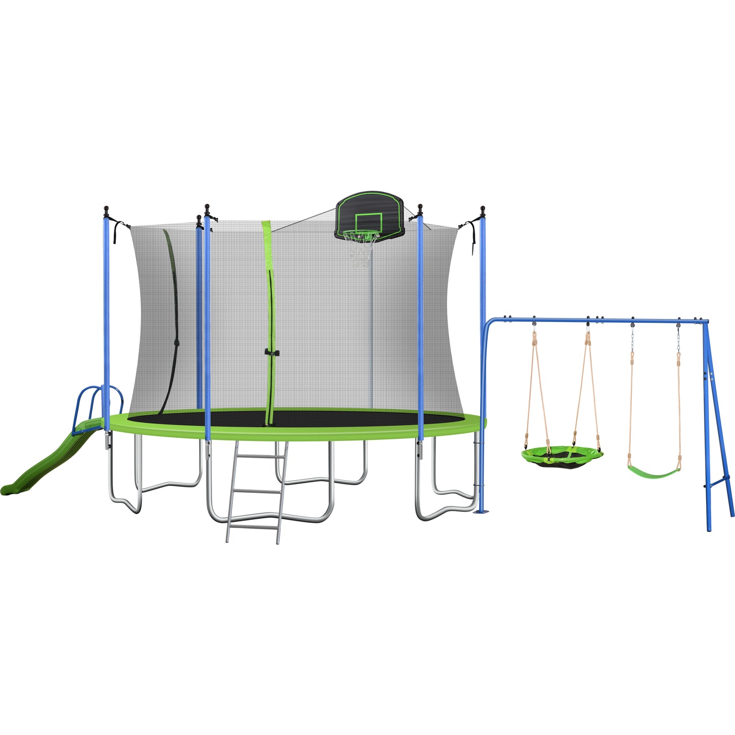 Trampoline and Swing Set, 12FT Trampoline with Slide, Basketball Hoop and Enclosure Net, Outdoor Jumping Fitness Trampoline for Yard, Patio, School, Recreational Trampoline for Kids/Adults, D7691
