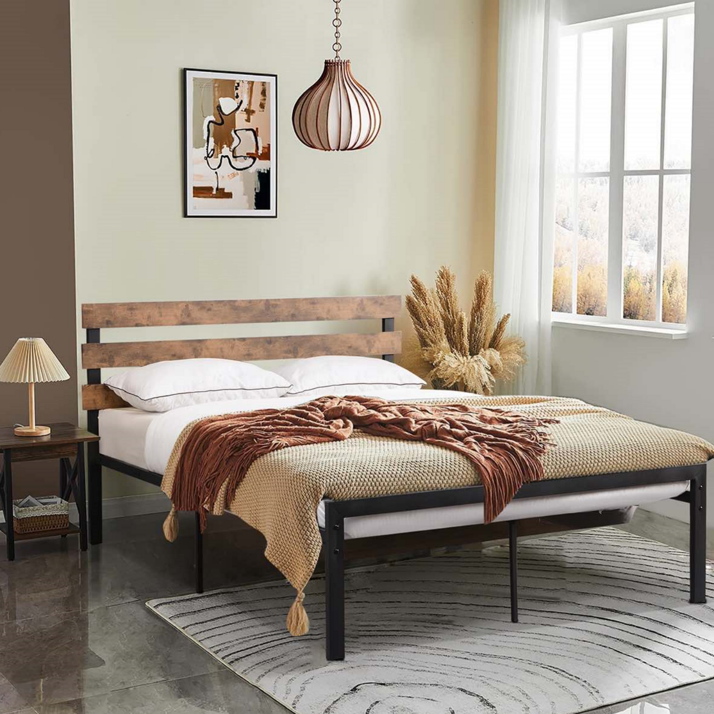 SYNGAR Full Size Metal Platform Bed Frame with Industrial Headboard, Steel Legs, Underbed Storage, Bedroom Furnitrue with Strong Slat Support, No Box Spring Needed, Black