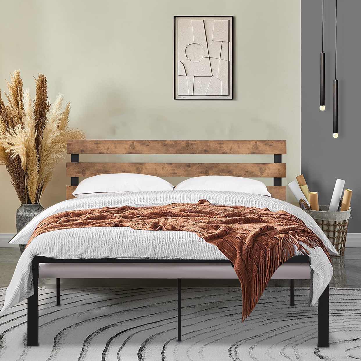 SYNGAR Full Size Metal Platform Bed Frame with Industrial Headboard, Steel Legs, Underbed Storage, Bedroom Furnitrue with Strong Slat Support, No Box Spring Needed, Black