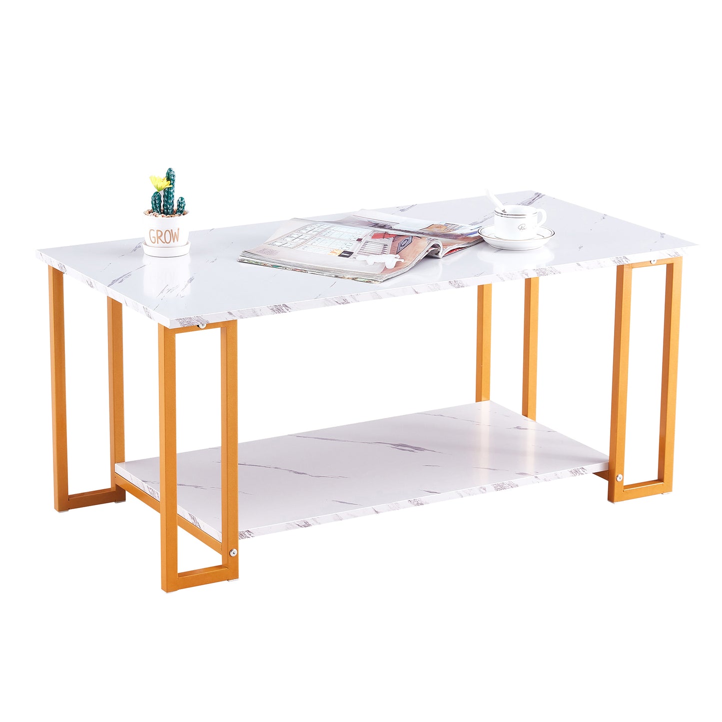 SYNGAR LED Coffee Table with 4 Storage Sliding Drawers and Open Shelves, Modern High Glossy Center Table Rectangular with Multiple Colors LED Lights for Living Room Bedroom, Easy Assembly, White