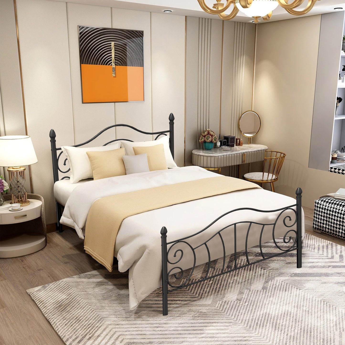 Queen Size Bed Frame with Headboard, Metal Queen Size Platform Bed frame with Steel Slats Support, Black