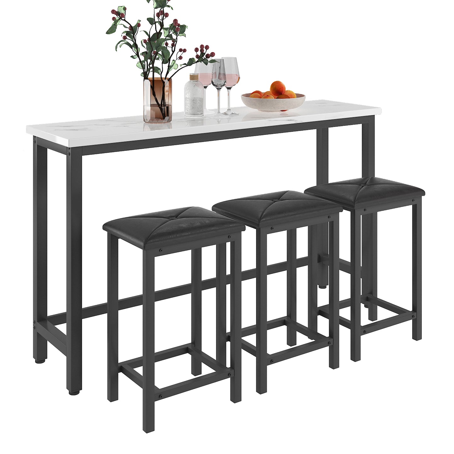 Counter Height Bar Table Set, Modern 4 Pieces Dining Table Set, Long Pub Table and 3 Stools, 3-Person Dining Table and Stools Set, Kitchen Side Table Set for Breakfast, White, Y002