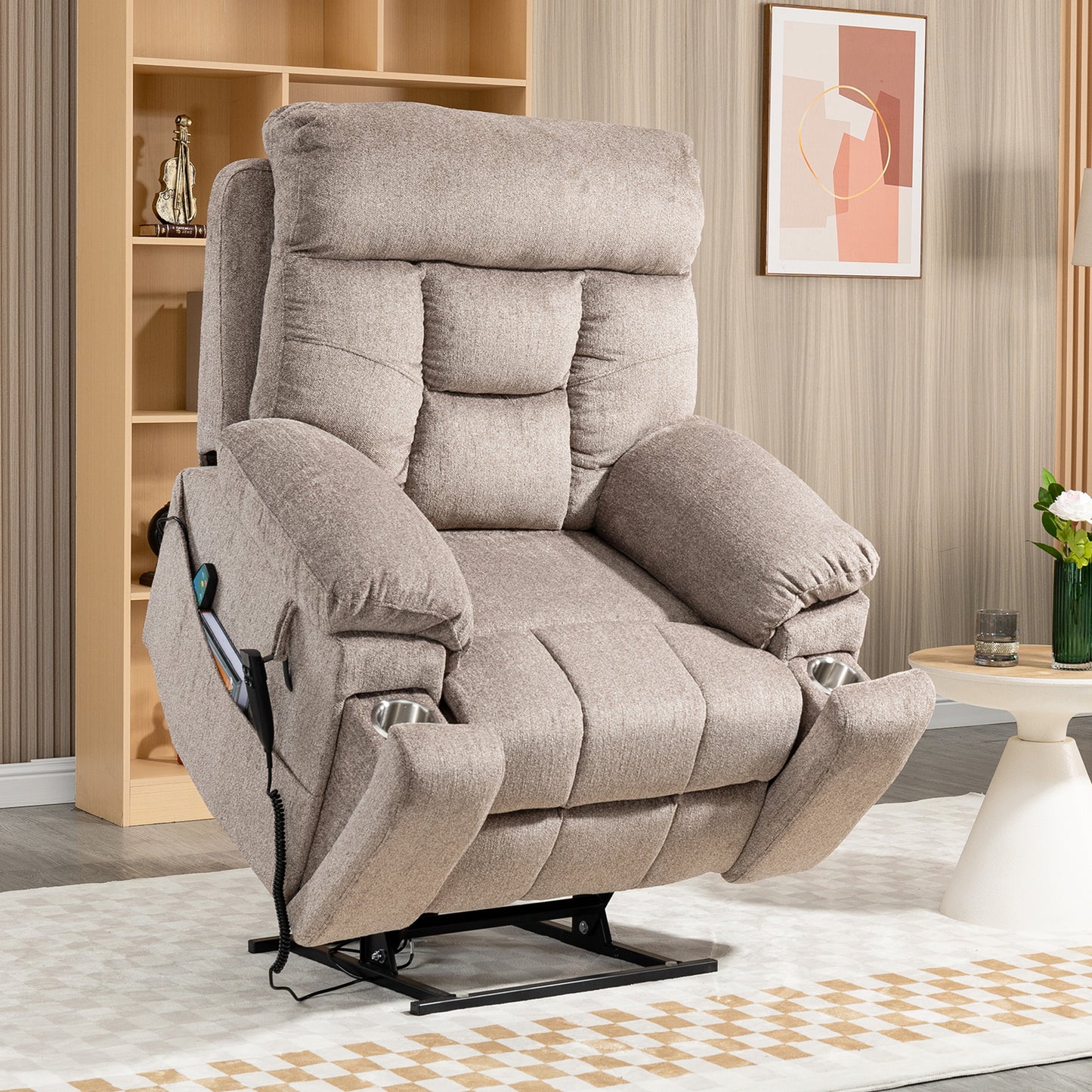 SYNGAR Large Power Lift Chair Recliner Oversized for Elderly, Heavy Duty Electric Lift Recliner with Heat Therapy and Massage, 180 Degrees Lying Flat Recliner Sofa for Tall Men, Light Brown