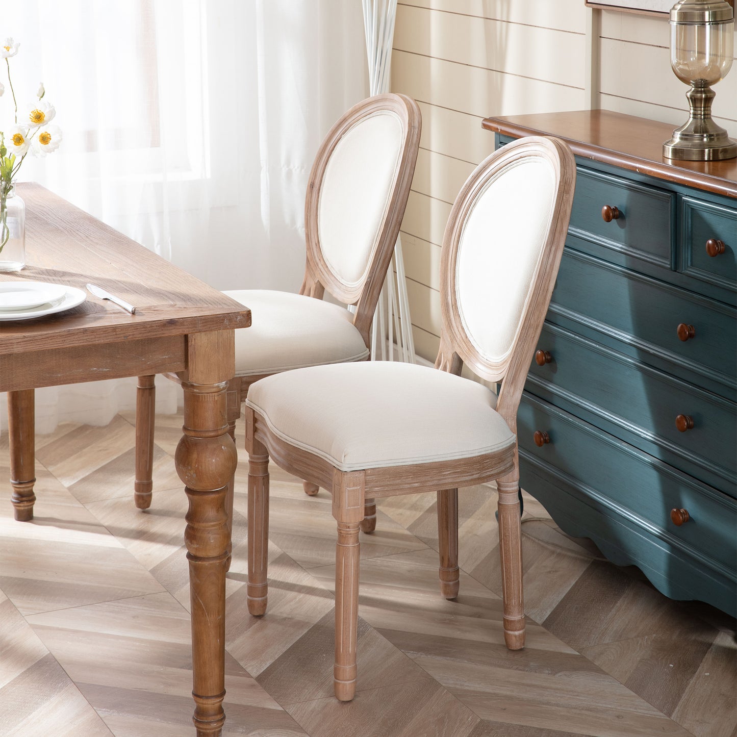 SYNGAR Upholstered Fabric Dining Chairs Set of 2, Solid Wood Modern French Kitchen Chairs, Beige