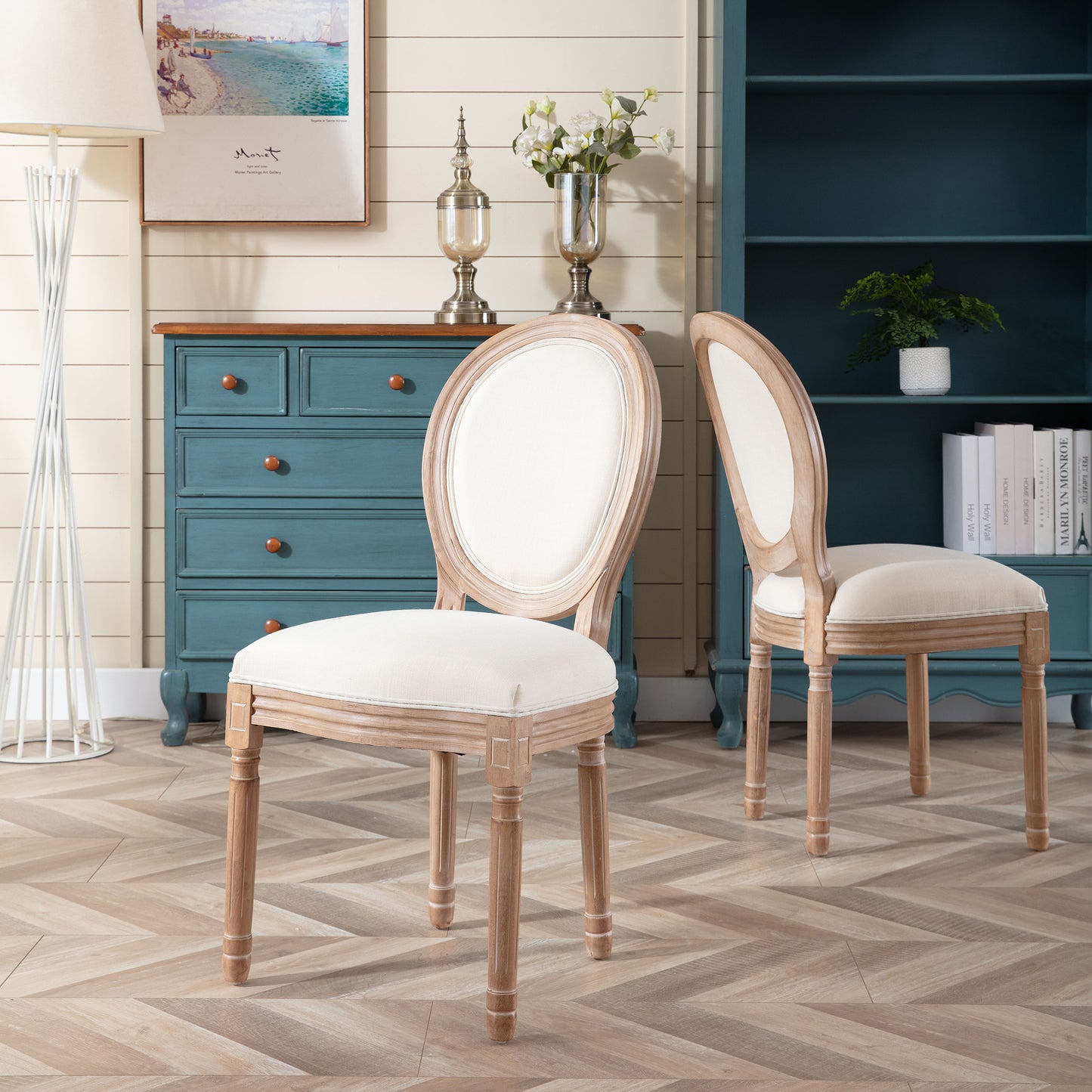 SYNGAR Upholstered Fabric Dining Chairs Set of 2, Solid Wood Modern French Kitchen Chairs, Beige
