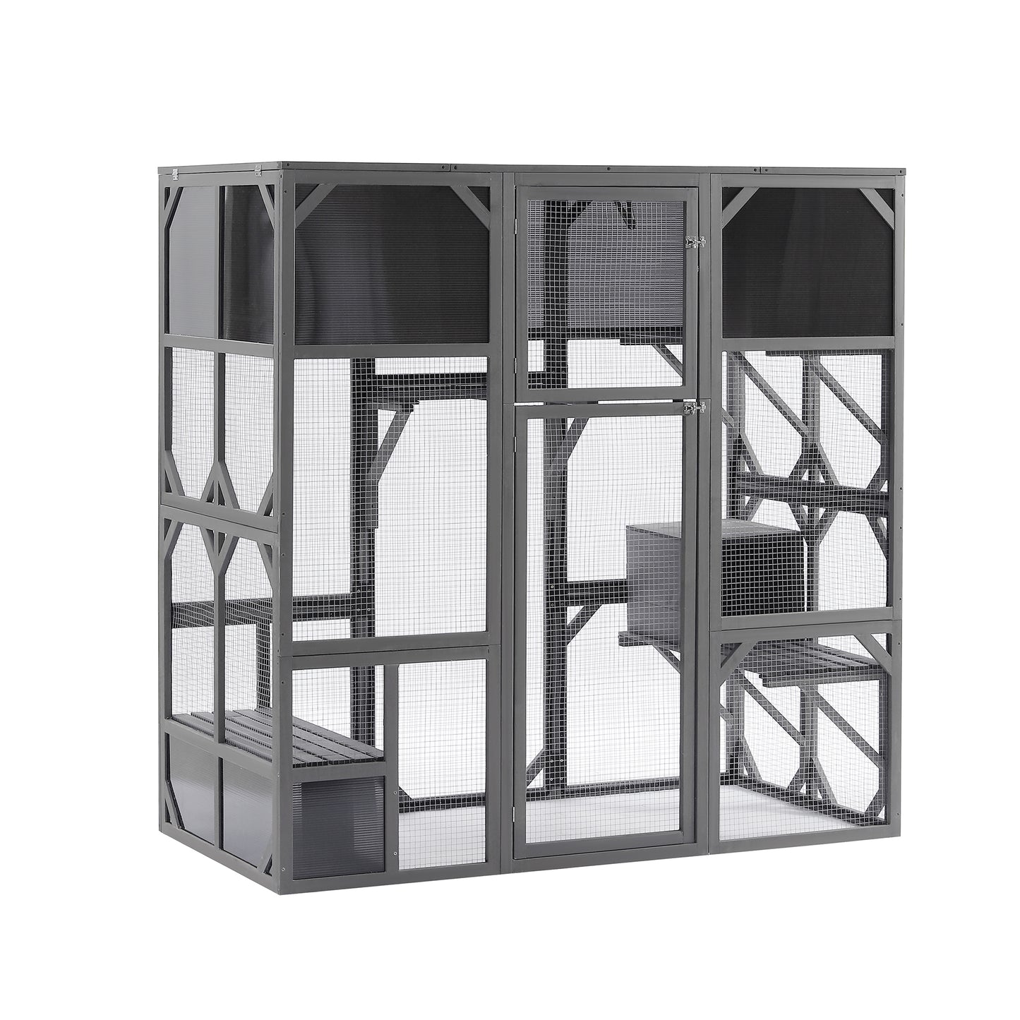 Syngar Luxury Wood Cat Cage, Outdoor Extra Large Wooden Catio Enclosure with Bouncy Bridge, Platforms, Small Houses, Seating and Sunshine Panel, Walk in Cat Run House for Multiple Pets - 108.7", Gray