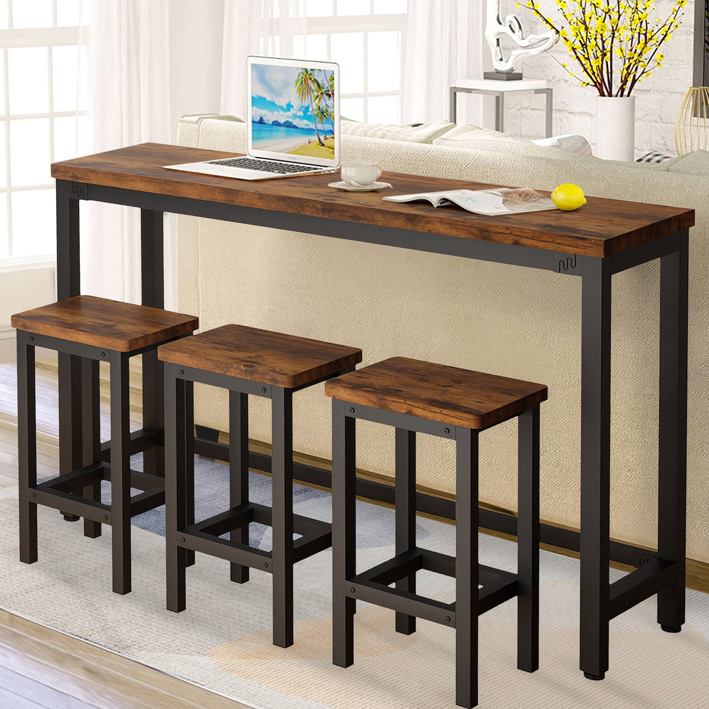 Counter Height Bar Table Set, Modern 4 Pieces Dining Table Set, Long Pub Table and 3 Stools, 3-Person Dining Table and Stools Set, Kitchen Side Table Set for Breakfast, White, Y002